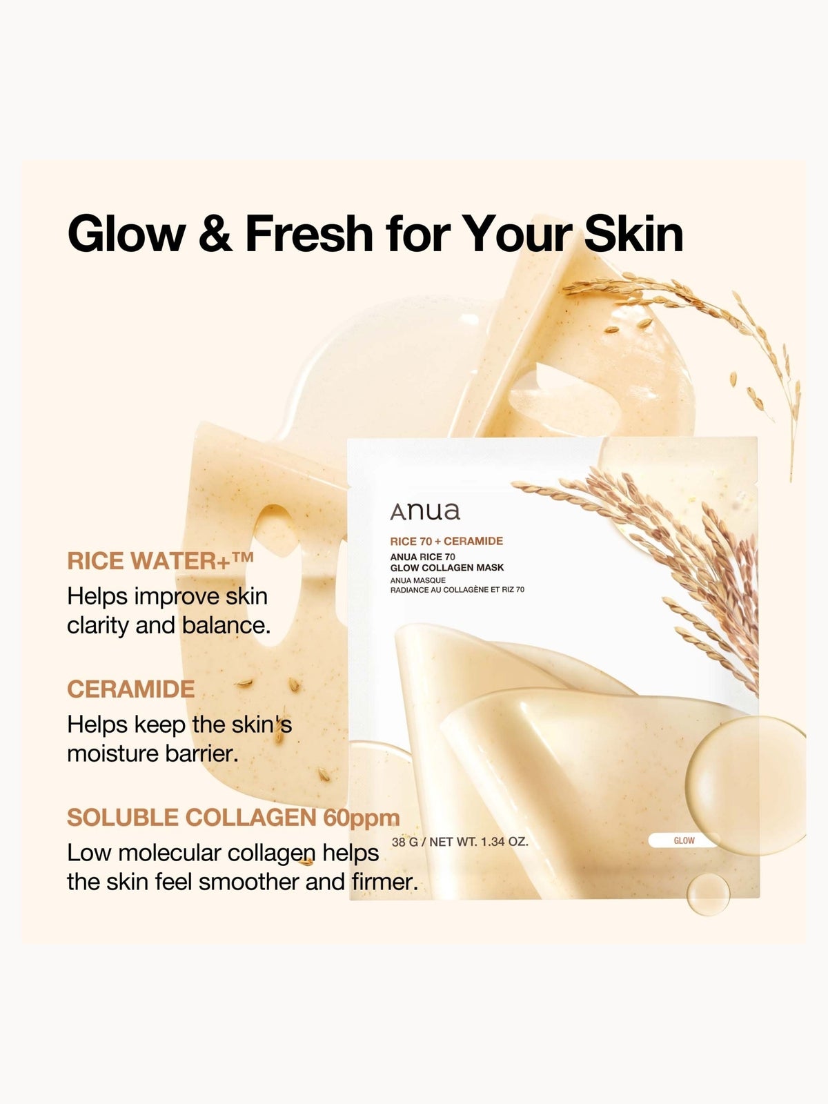 Anua Rice 70 Glow Collagen Mask (4 Sheets) 38g 3