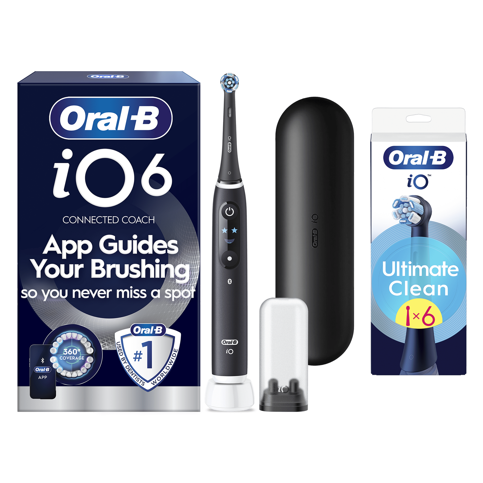 Oral-B iO 6 Black Electric Toothbrush Designed By Braun - Toothbrush + 6 Toothbrush Heads: retailer-supplied image