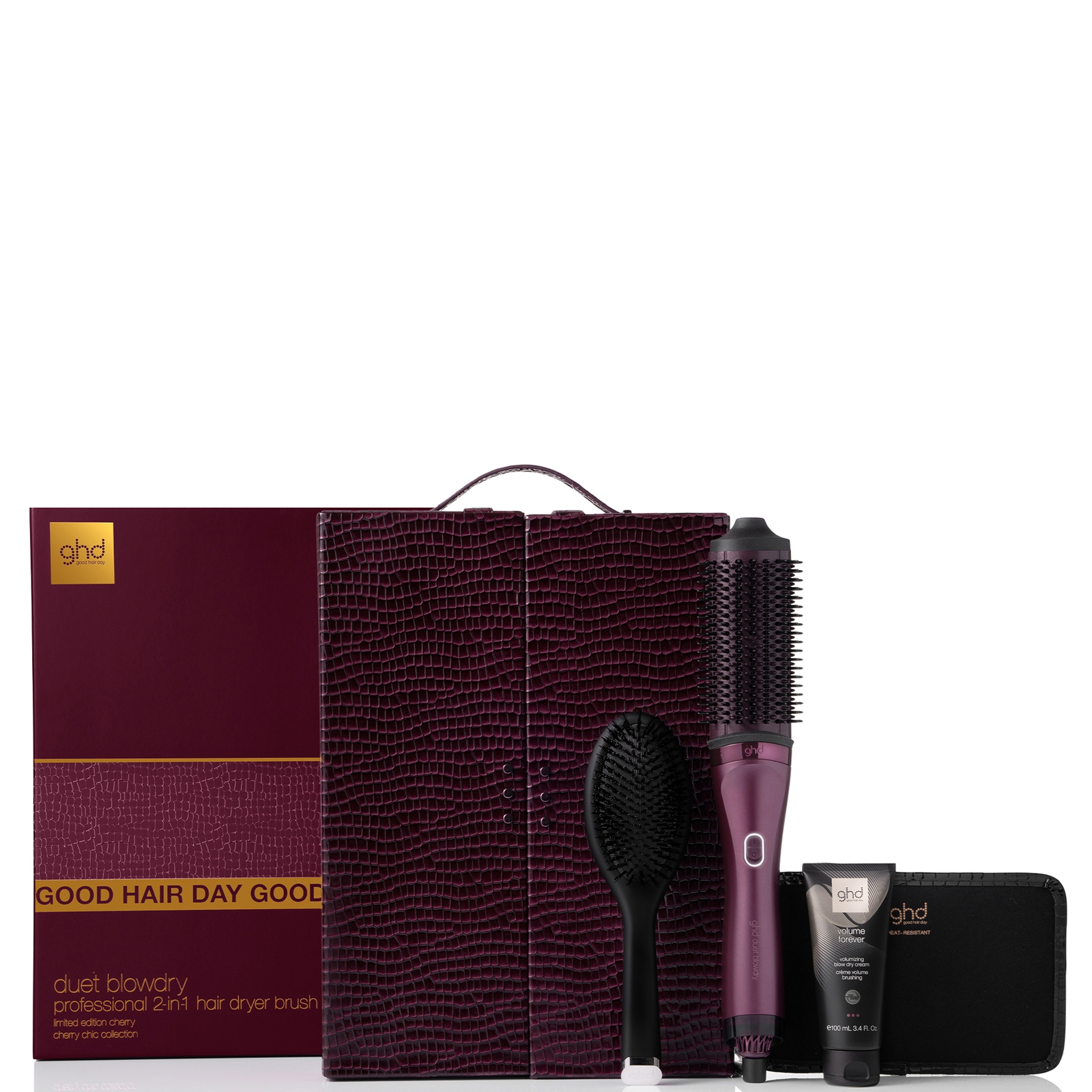 ghd Duet Blowdry in Cherry with Volume Forever and dressing brush