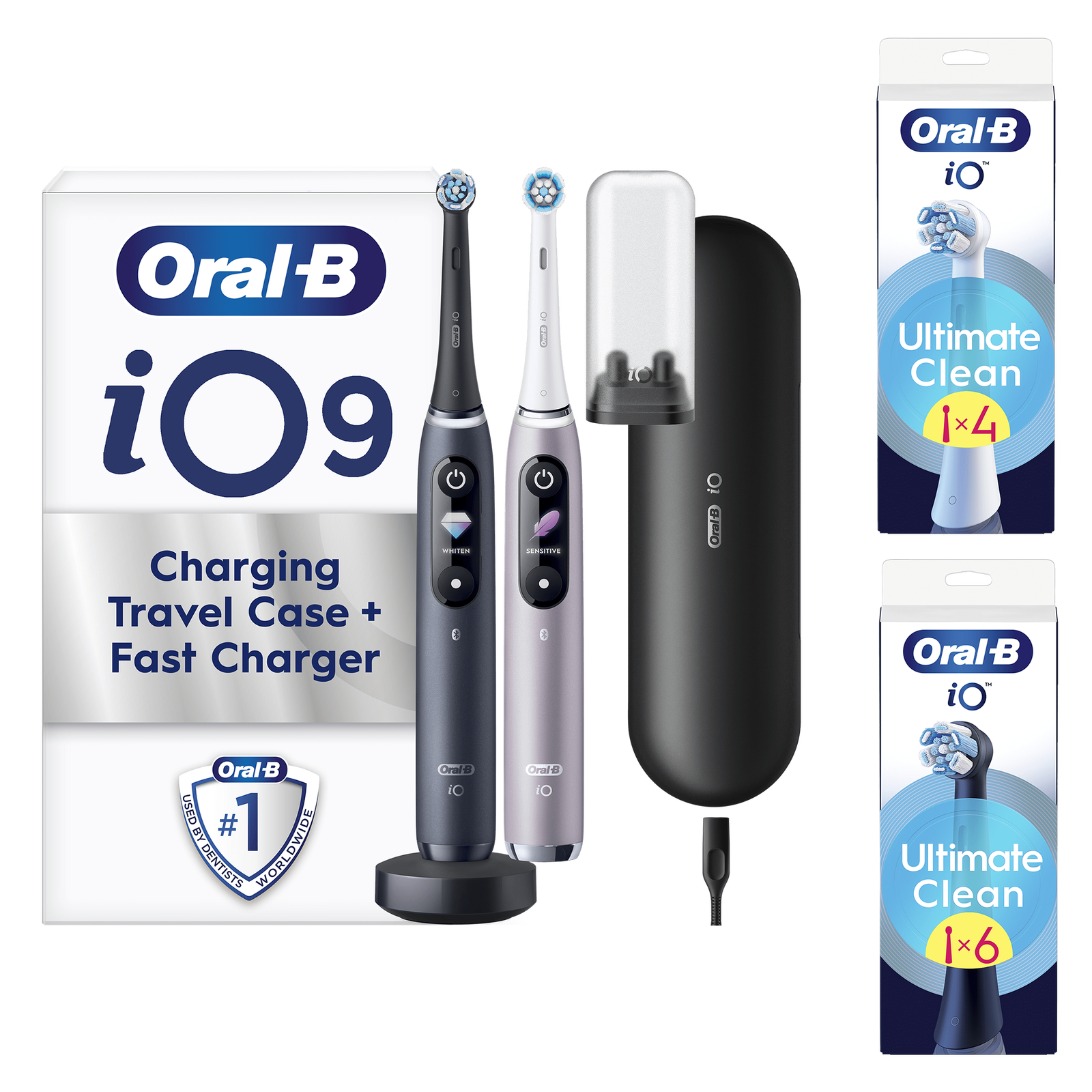 Oral-B iO9 Duo Pack of Two Electric Toothbrushes Black Lava & Rose Quartz - Toothbrush + 10 Toothbrush Heads: retailer-supplied image