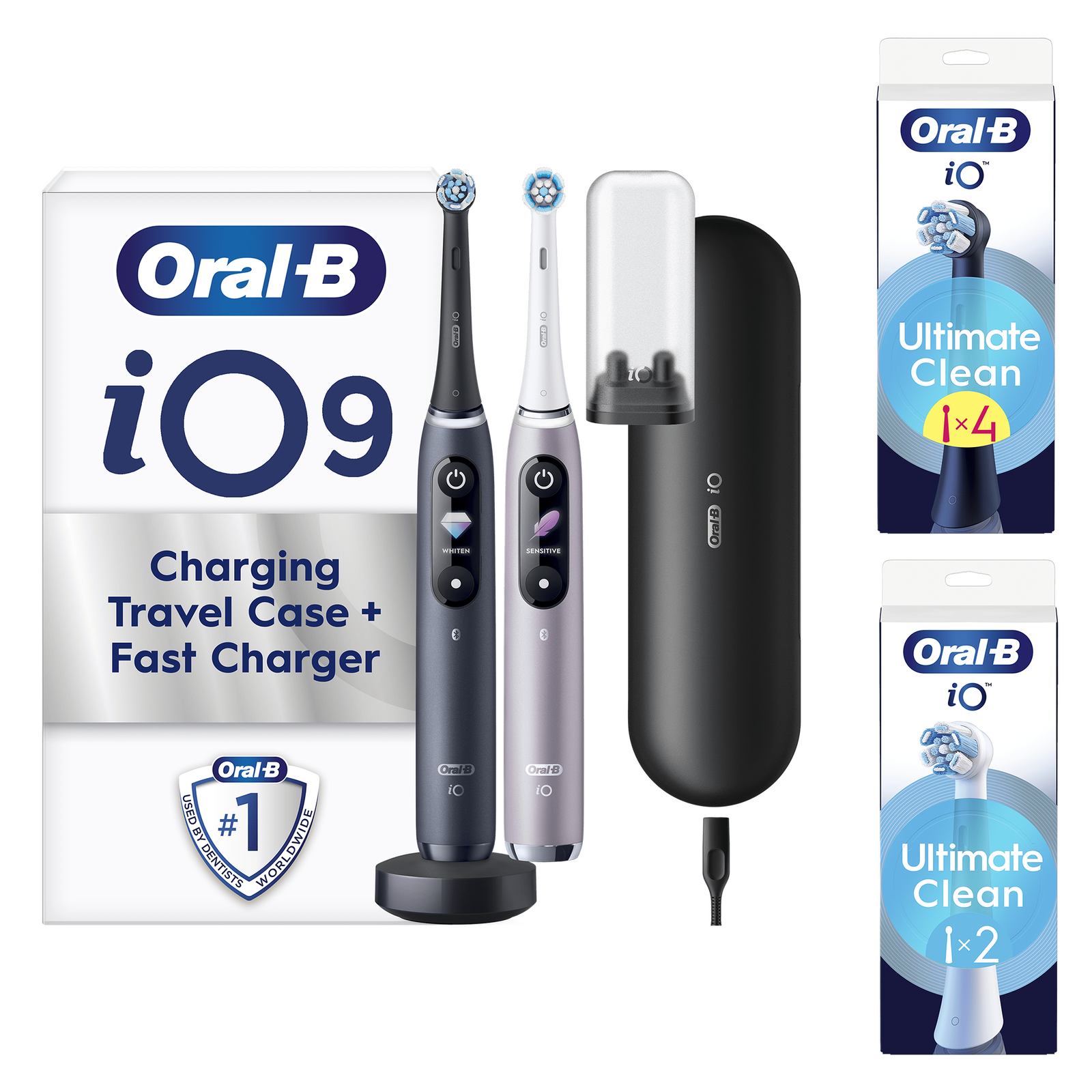 Oral-B iO9 Duo Pack of Two Electric Toothbrushes Black Lava & Rose Quartz - Toothbrush + 6 Toothbrush Heads: retailer-supplied image