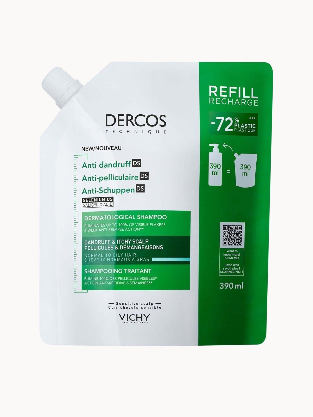 Vichy Dercos Anti-Dandruff Dermatological Shampoo for Normal to Oily Hair 390ml Refill 5