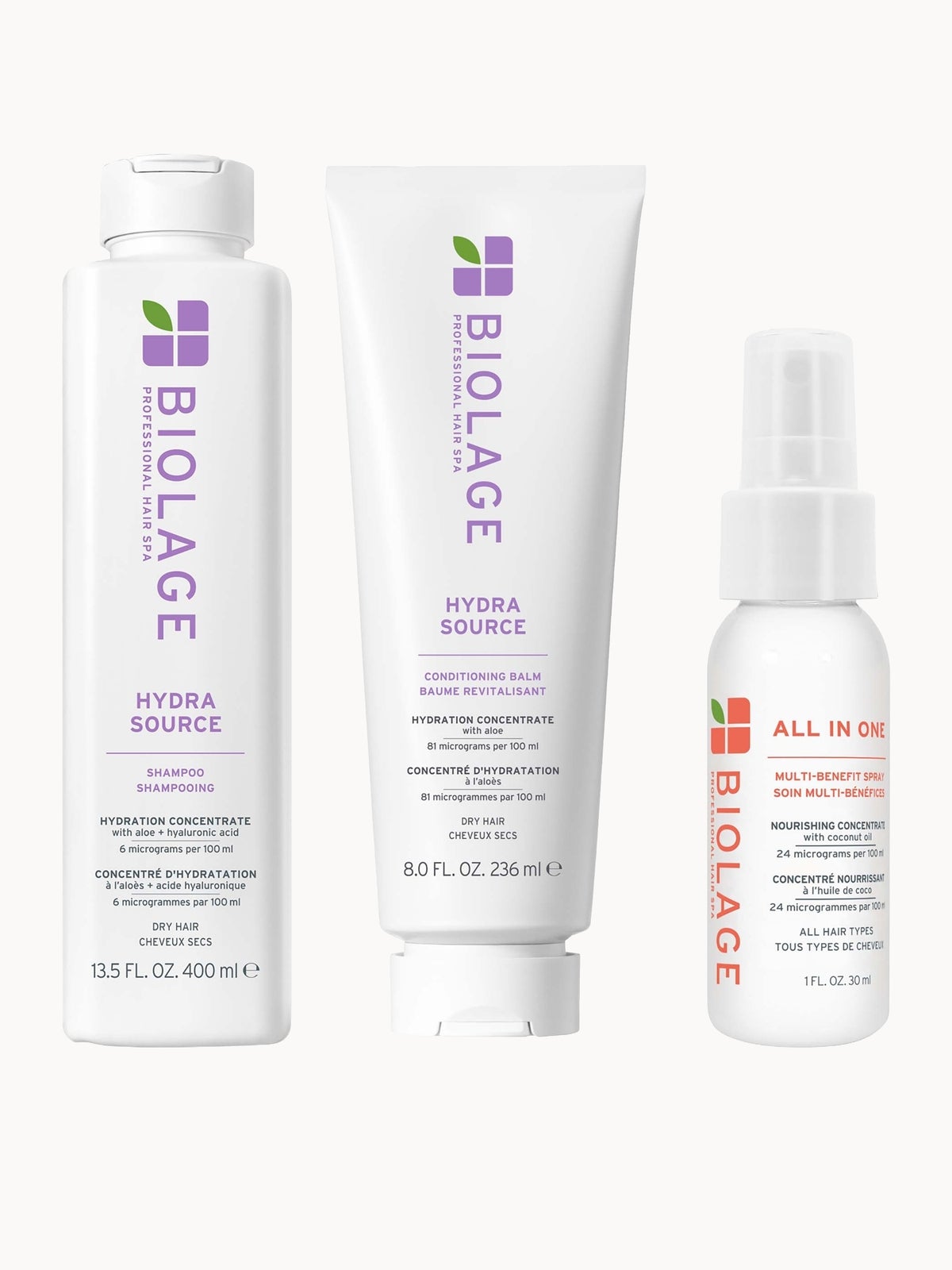 Biolage Hydra Source Shampoo 400ml and Conditioner 236ml and Mini All-In-One Spray 45ml