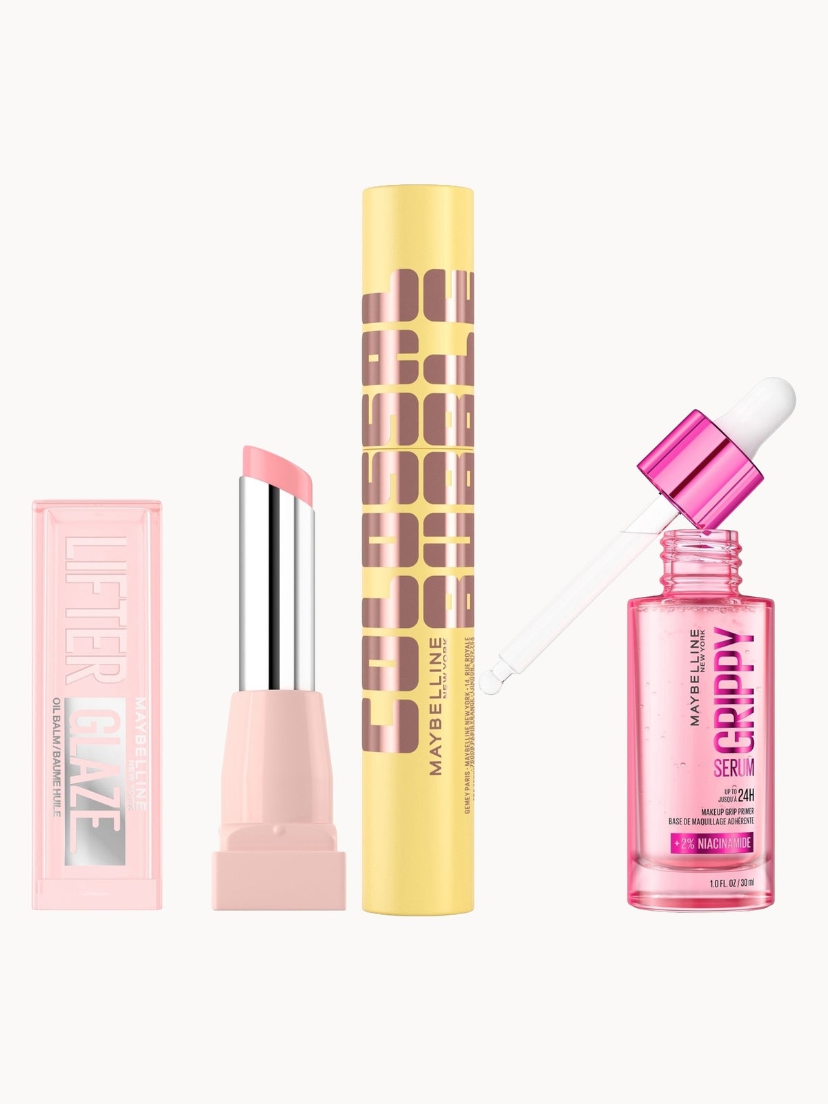 Maybelline Viral Favourites Make Up Bundle with Grippy Primer, Colossal Mascara and Lifter Glaze Lip Balm (Various Shades) - Pink Drip