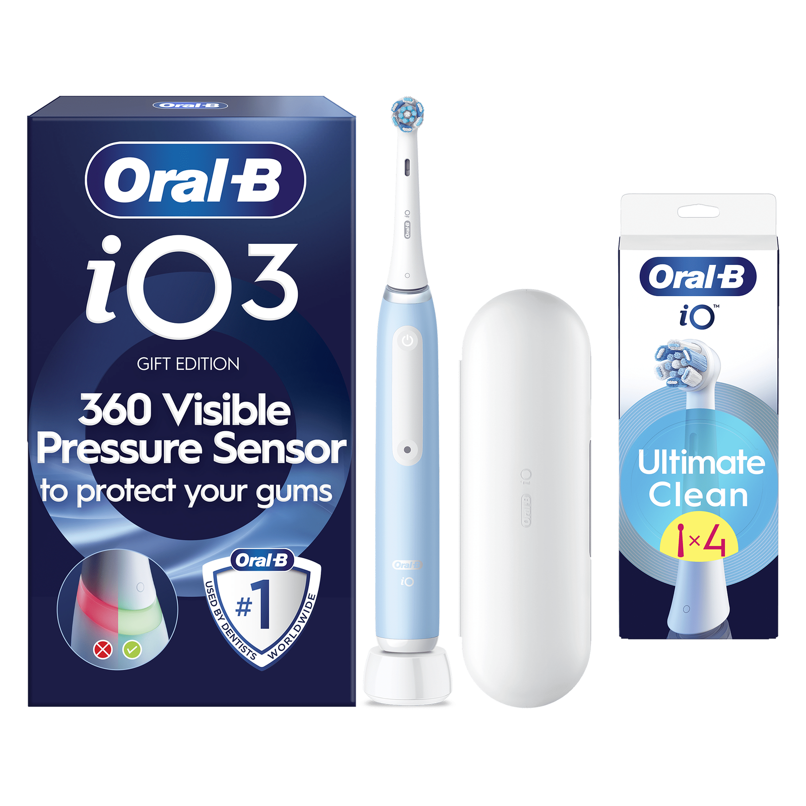 Oral-B iO3 Ice Blue with Travel Case - Toothbrush + 4 Toothbrush Heads: retailer-supplied image