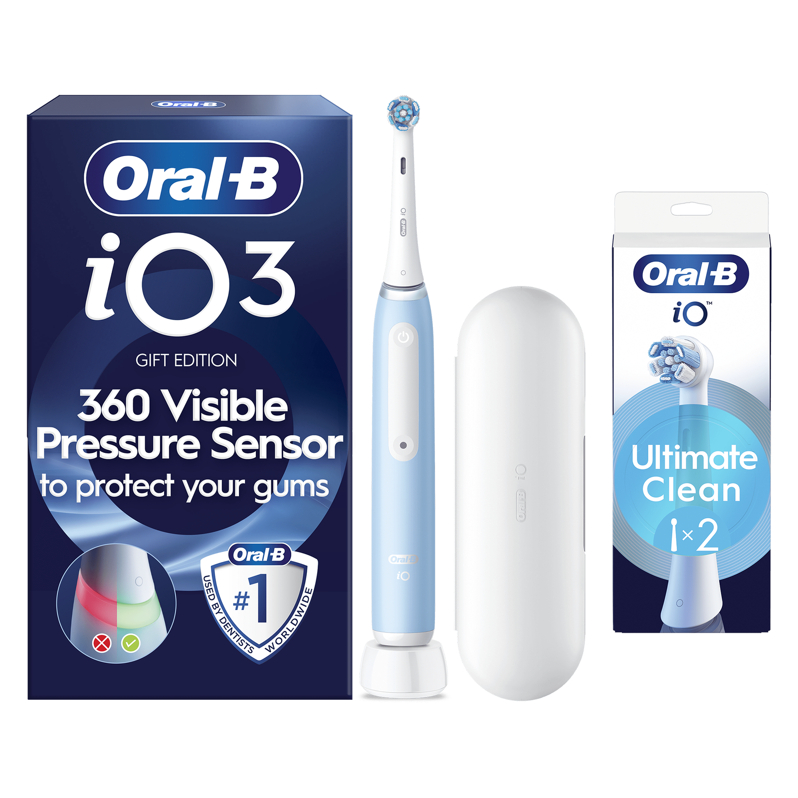 Oral-B iO3 Ice Blue with Travel Case - Toothbrush + 2 Toothbrush Heads: retailer-supplied image