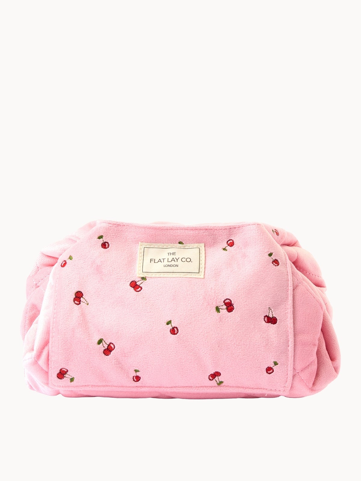 The Flat Lay Co. Drawstring Flat Lay Makeup Bag - Ditsy Cherries Pink Embroidered Velvet