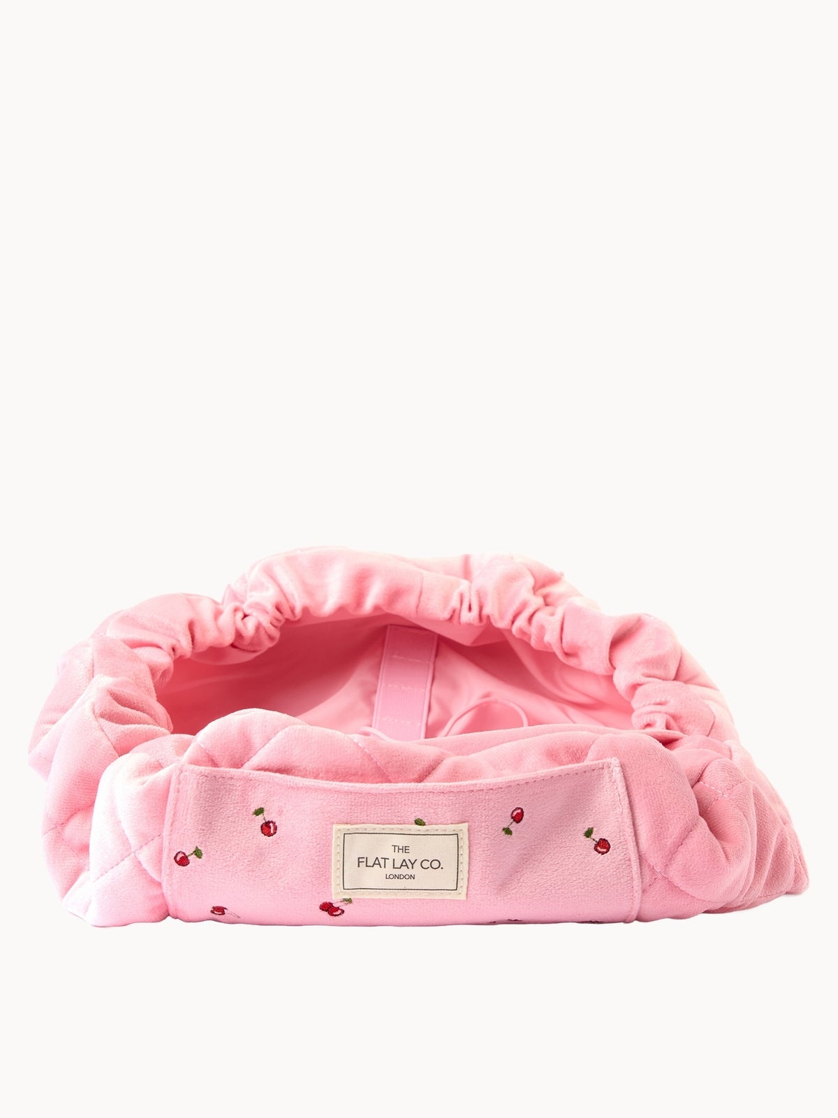The Flat Lay Co. Drawstring Flat Lay Makeup Bag - Ditsy Cherries Pink Embroidered Velvet 2