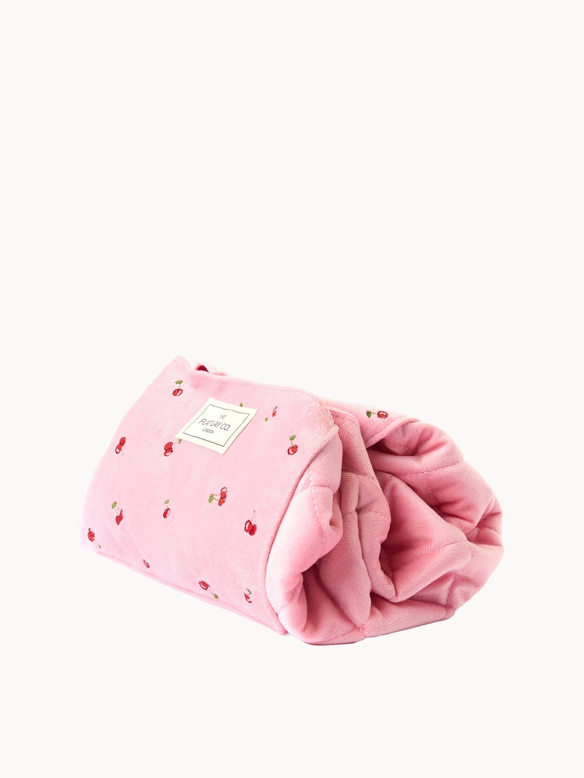The Flat Lay Co. Drawstring Flat Lay Makeup Bag - Ditsy Cherries Pink Embroidered Velvet 3