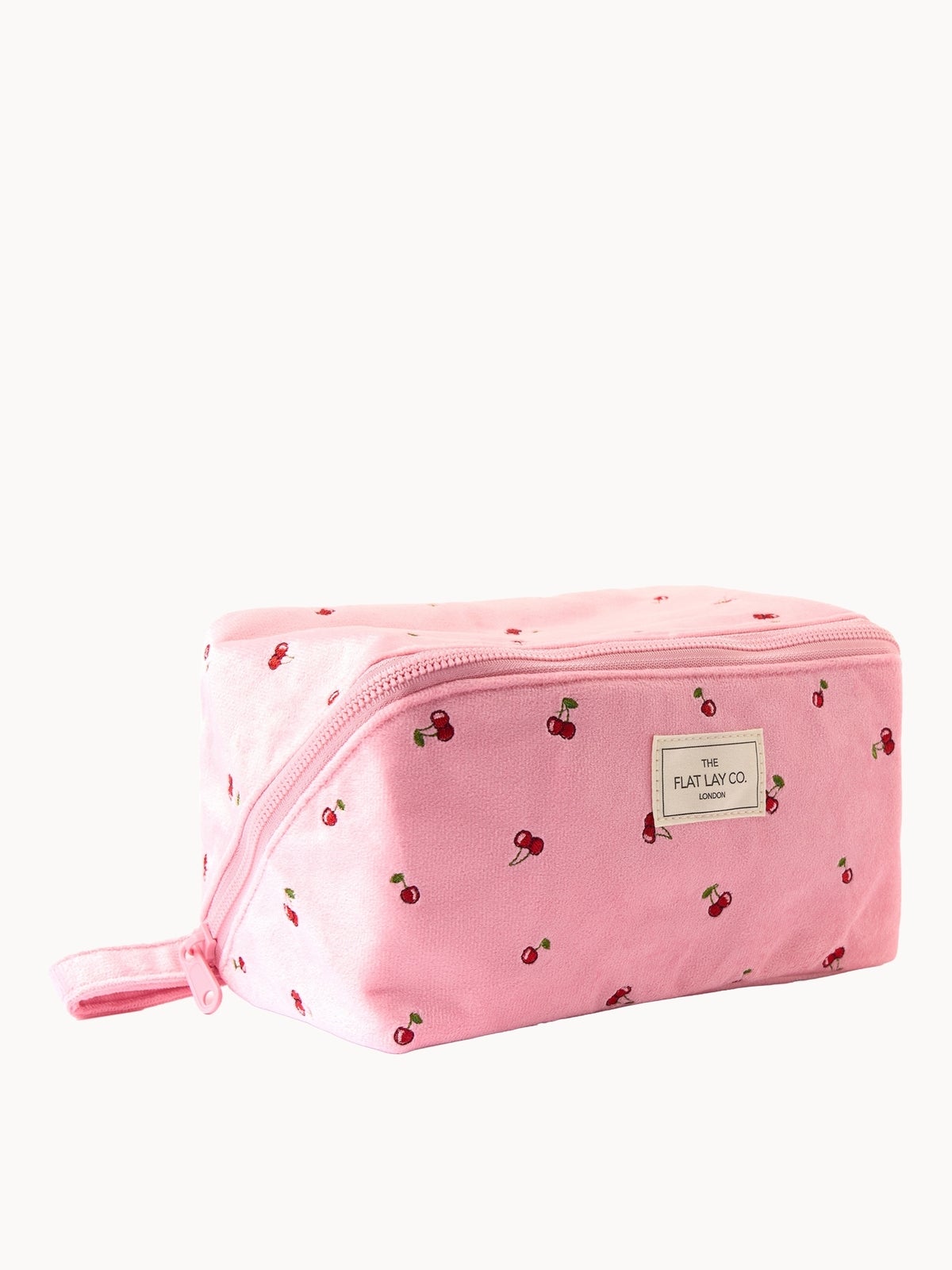 The Flat Lay Co. Flat Lay Makeup Box Bag - Ditsy Cherries Pink Embroidered Velvet 2