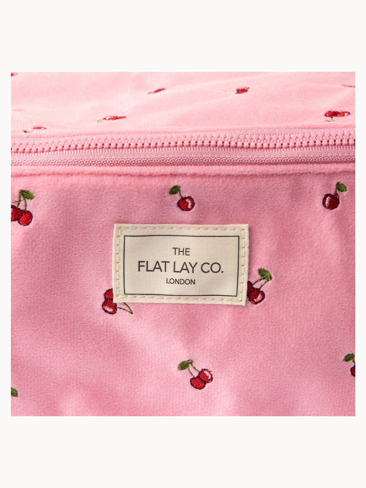 The Flat Lay Co. Flat Lay Makeup Box Bag - Ditsy Cherries Pink Embroidered Velvet 4