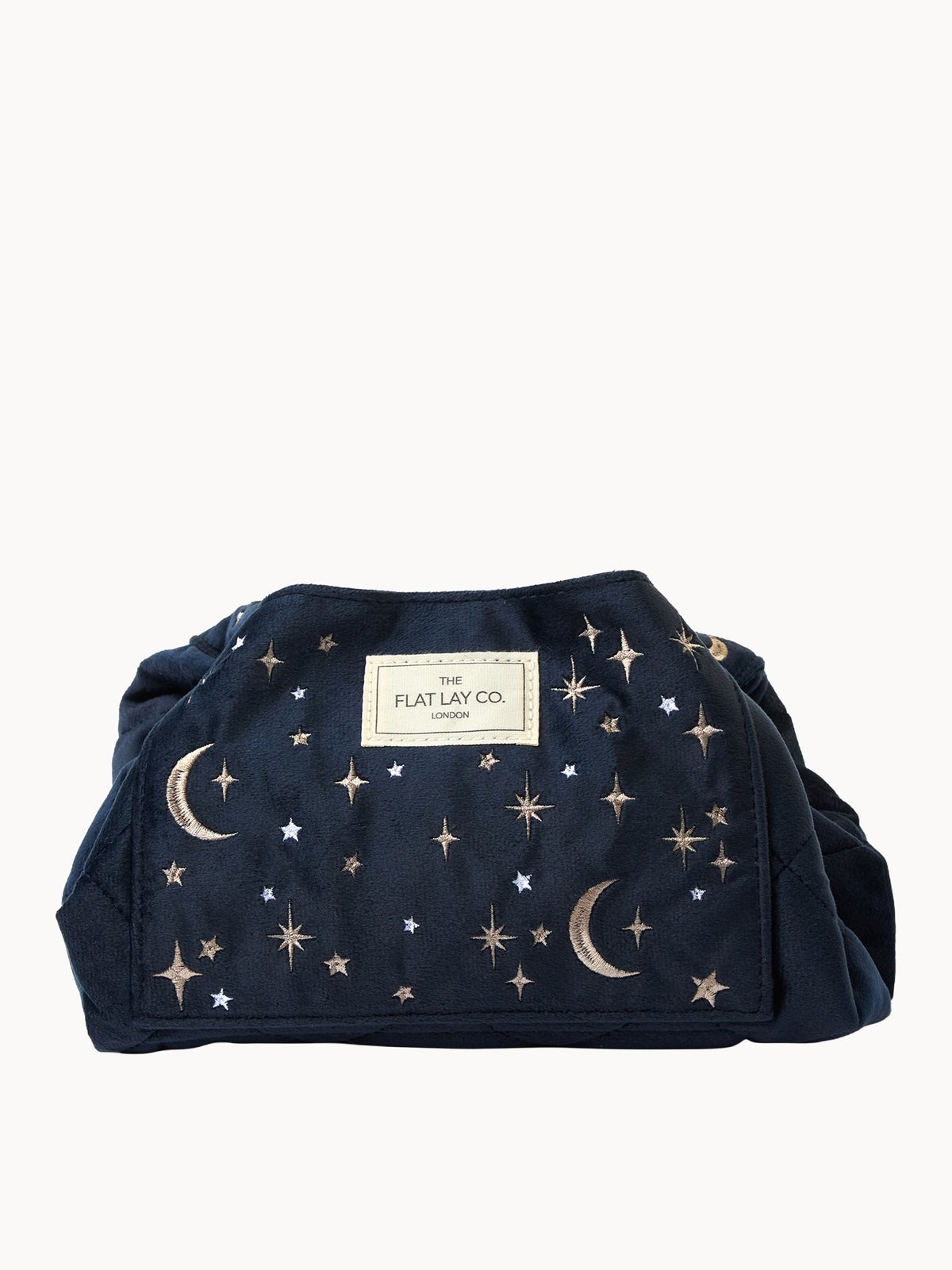 The Flat Lay Co. Drawstring Flat Lay Makeup Bag - Celestial Blue Embroidered Velvet
