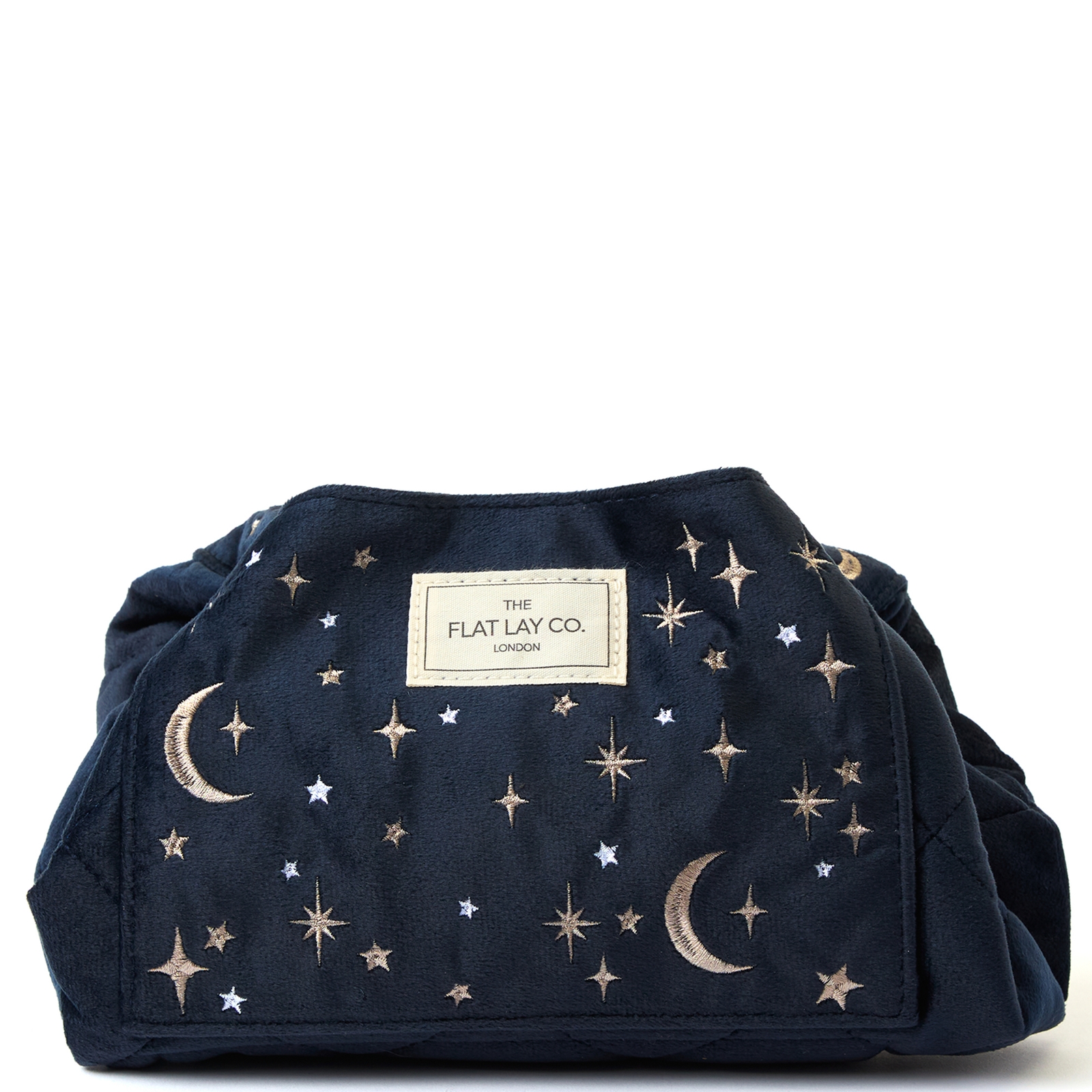 The Flat Lay Co. Drawstring Flat Lay Makeup Bag - Celestial Blue Embroidered Velvet