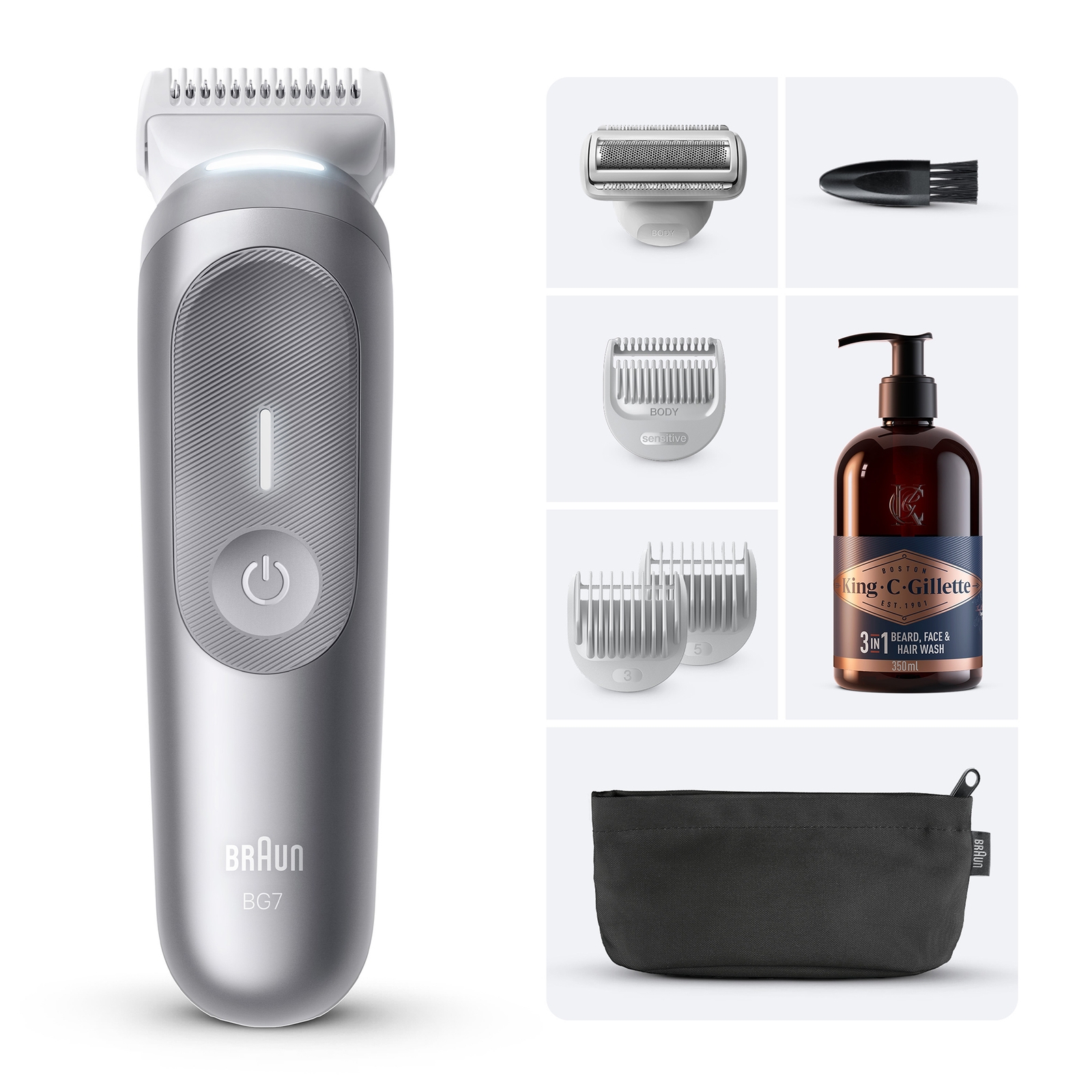 Men's Grey Braun Bundle: Body Groomer 7 Bg7550 & King C. Gillette Beard Care