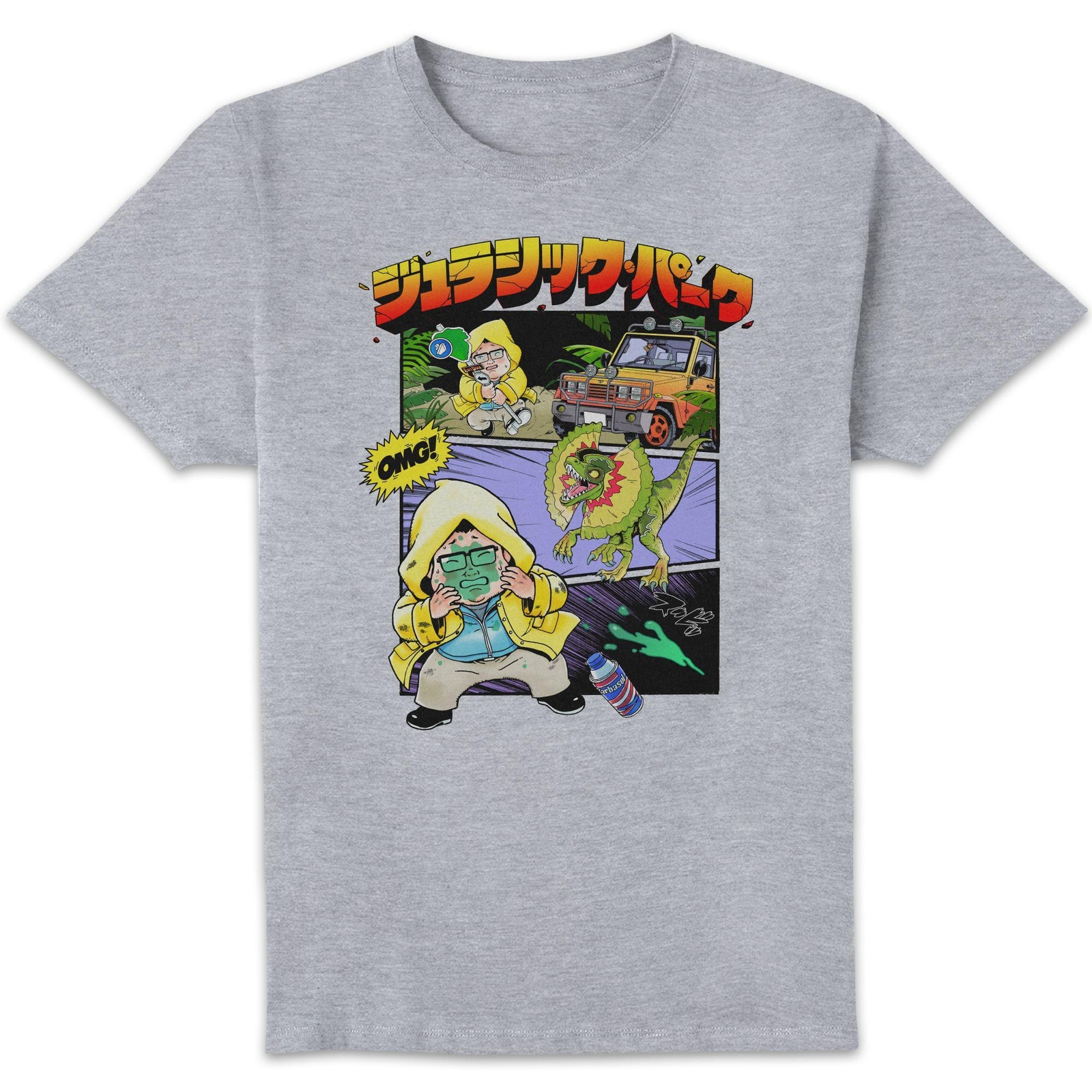 Image of Jurassic Park Anime Splat Scene Anime Unisex T-Shirt - Grey - 3XL