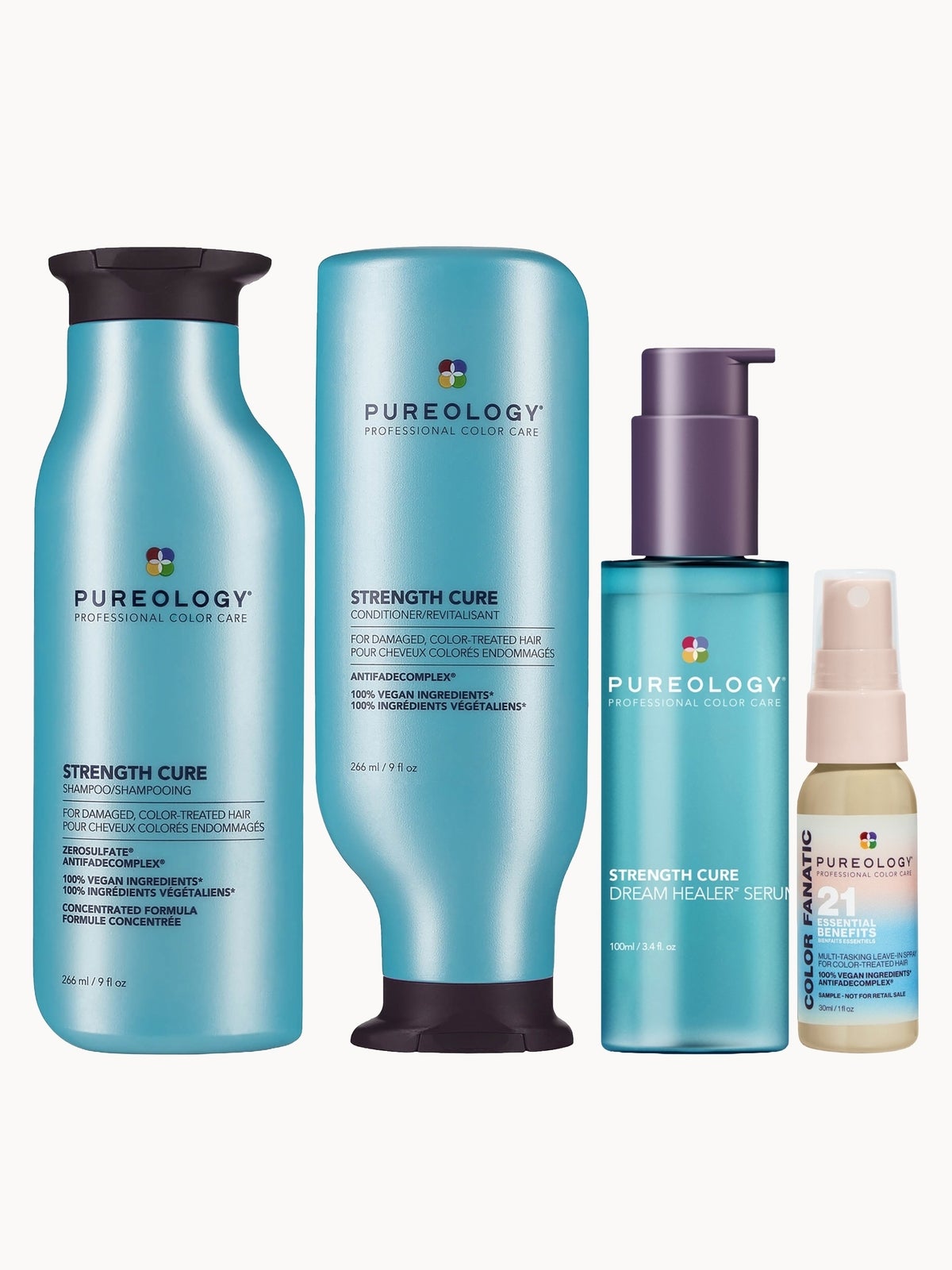 Pureology Strength Cure Shampoo 266ml, Conditioner 266ml , Dream Healer Serum 100ml and Color Fanatic Spray Mini 30ml