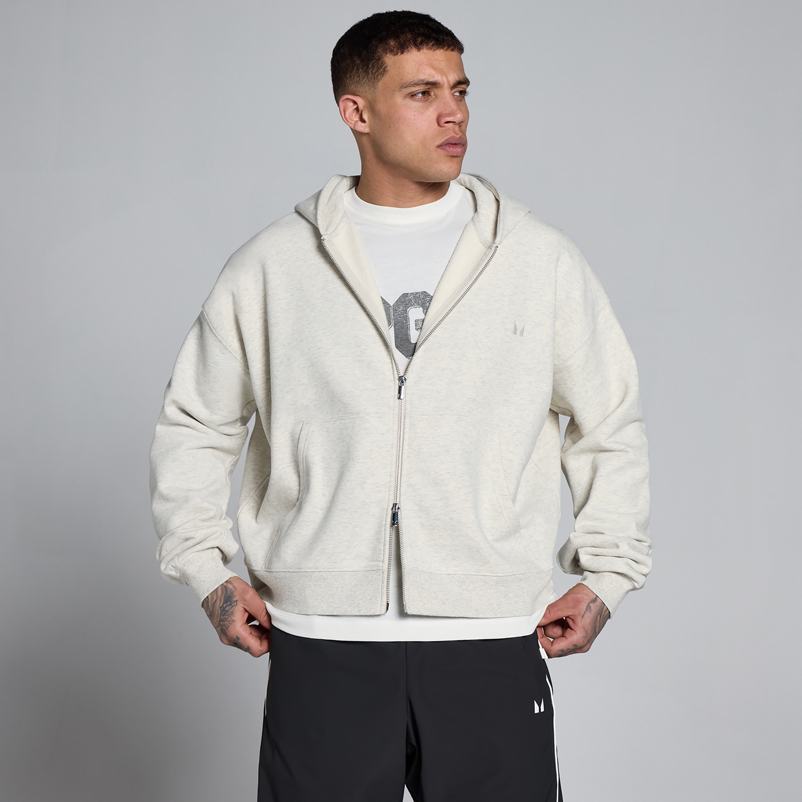 MP Herren Lift Oversized Loopback 2-Wege-Reißverschluss Hoodie - Cremig Grau Meliert - S