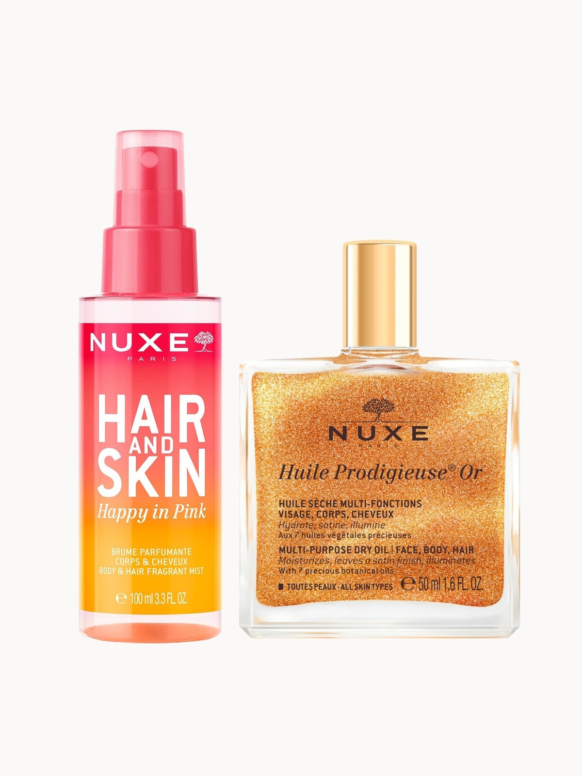 NUXE Huile Prodigieuse Shimmering Multi-Purpose Dry Oil 50ml & 'Happy In Pink' Hair & Body Fragrance Mist 100ml Bundle
