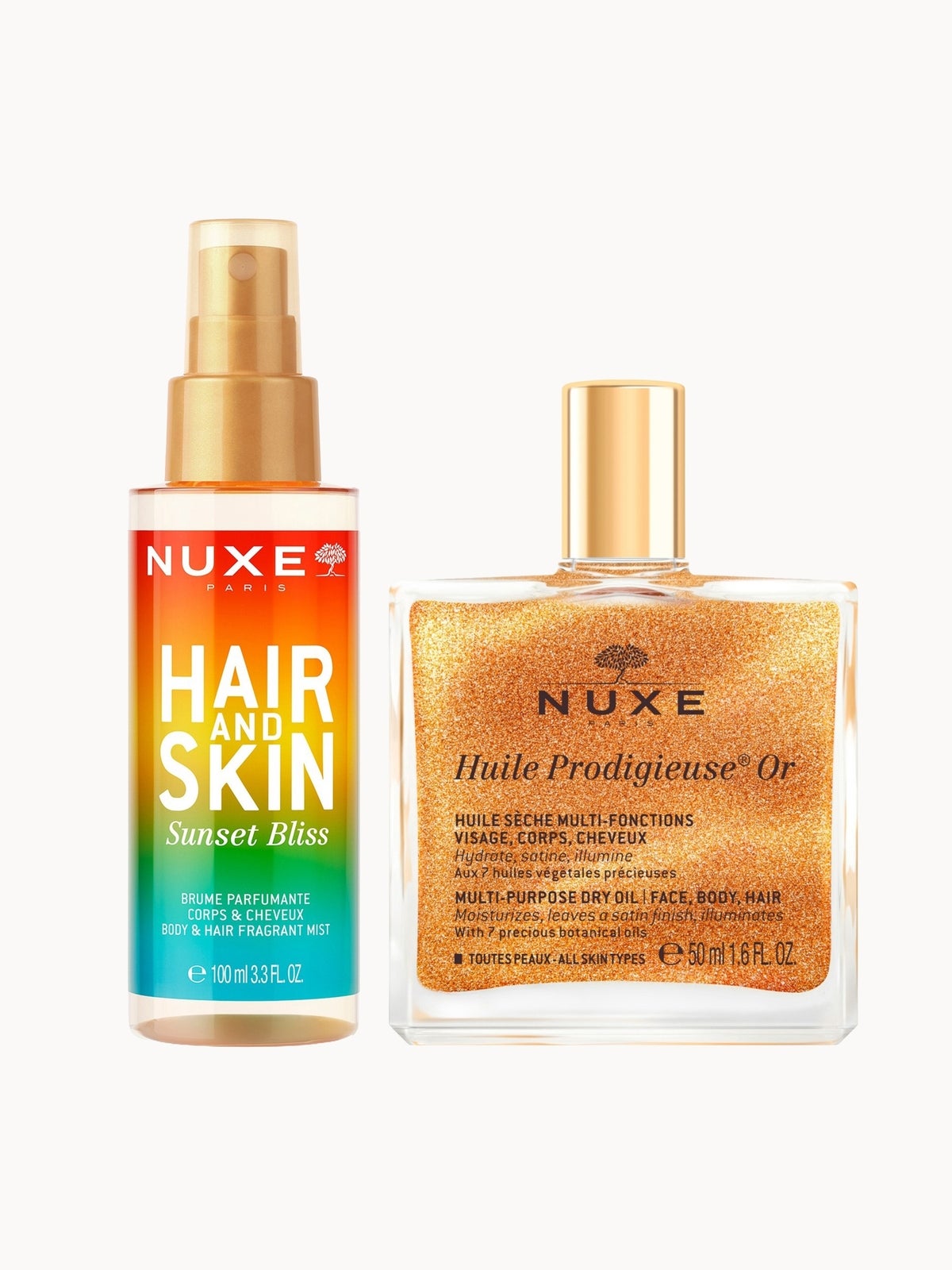 NUXE Huile Prodigieuse Shimmering Multi-Purpose Dry Oil 50ml & 'Sunset Bliss' Hair & Body Fragrance Mist 100ml Bundle