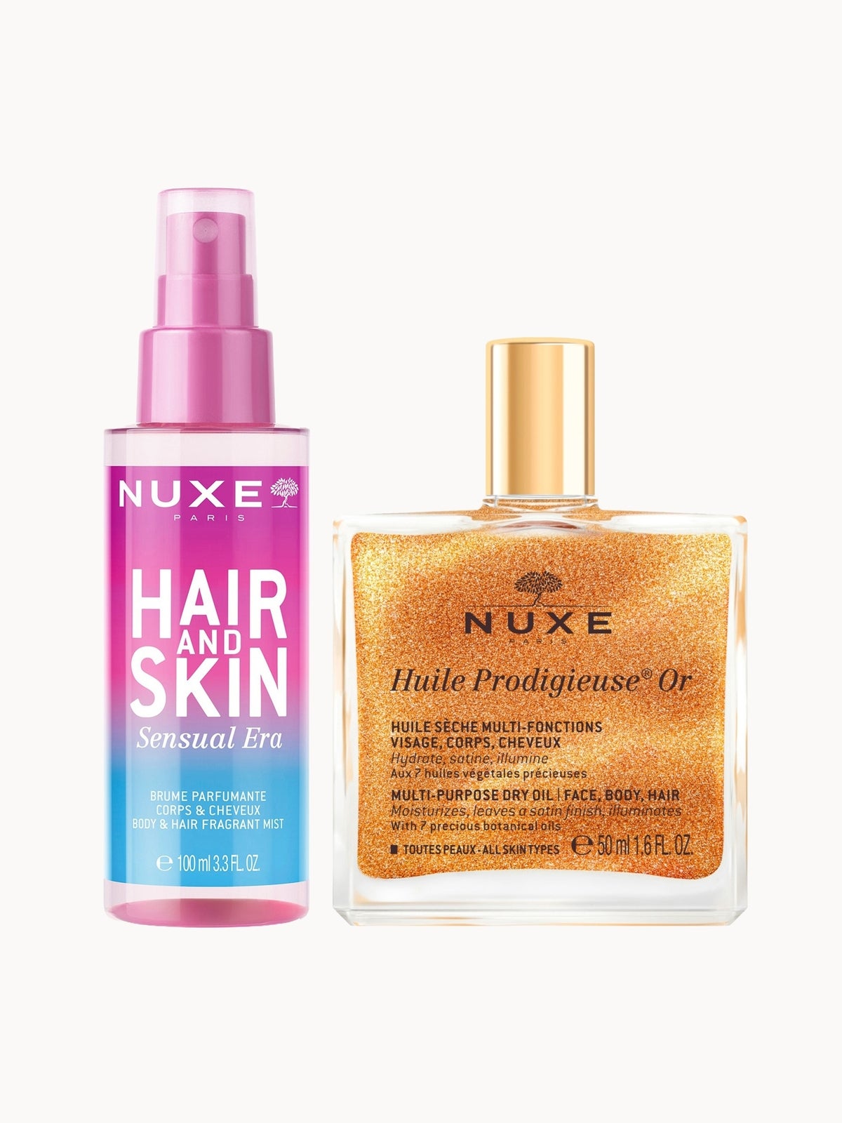 NUXE Huile Prodigieuse Shimmering Multi-Purpose Dry Oil 50ml & 'Sensual Era' Hair & Body Fragrance Mist 100ml Bundle