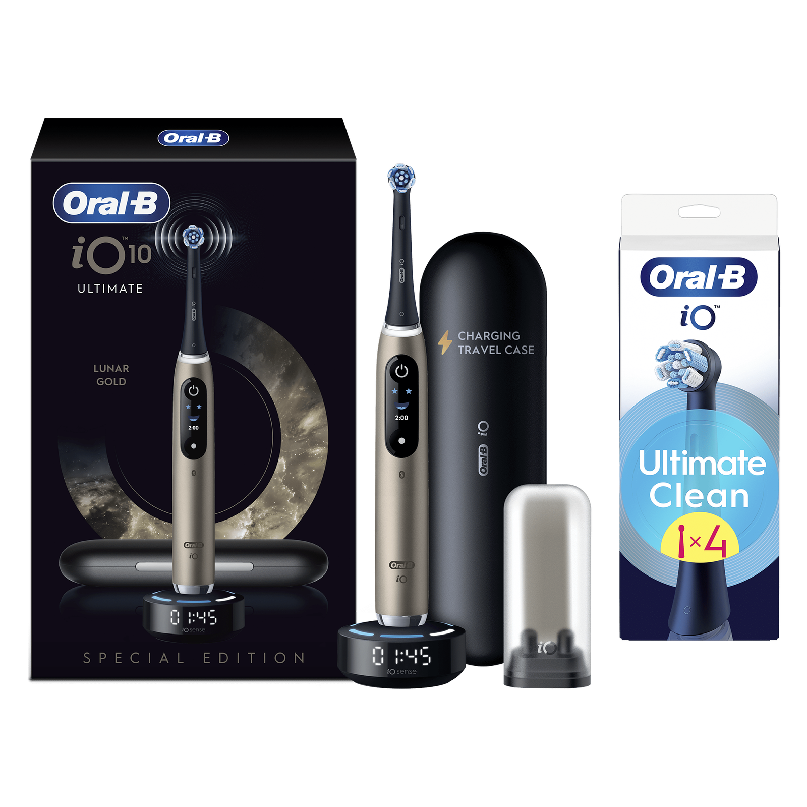 Oral-B iO10 Lunar Gold Limited Edition Electric Toothbrush with Charging Travel Case - Toothbrush + 4 Toothbrush Heads: retailer-supplied image
