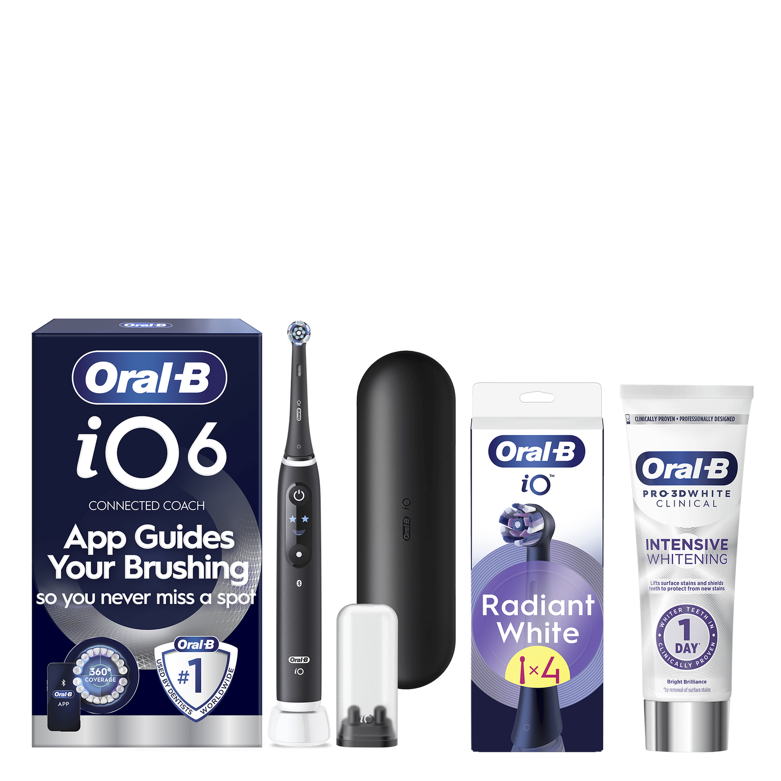 Oral-B iO6 Black Toothbrush + 4ct Radiant White Brush Heads + Whitening Toothpaste + Brush Head holder + Travel Case: retailer-supplied image