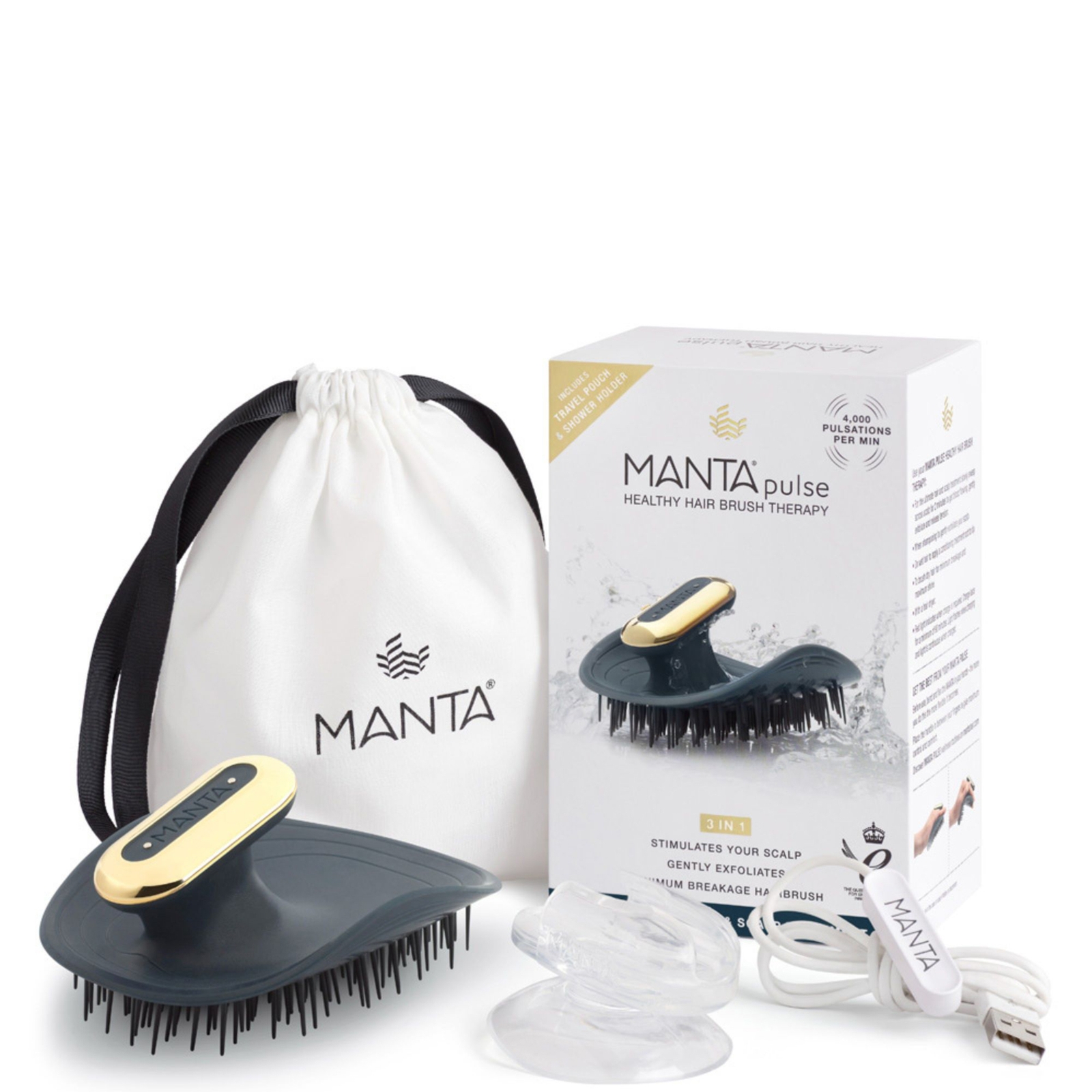 

Manta Hair brush Pulse Deep Ocean Blue / Gold with Shower Holder