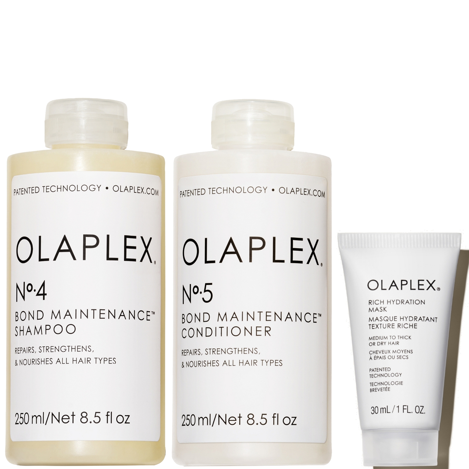 Olaplex No.4 Shampoo + No. 5 Conditioner + deluxe size Rich Hydration Mask (Free)