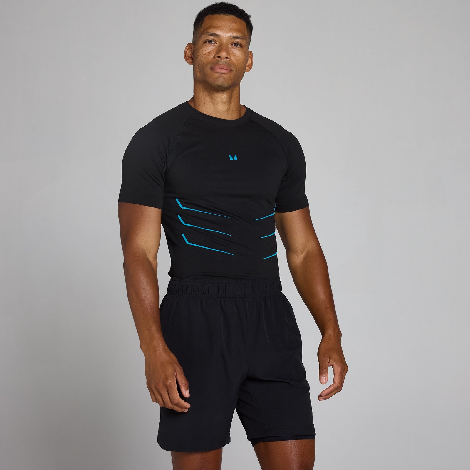 Tricou Seamless Lift Muscle Fit - Negru Spălat/Albastru Power - L
