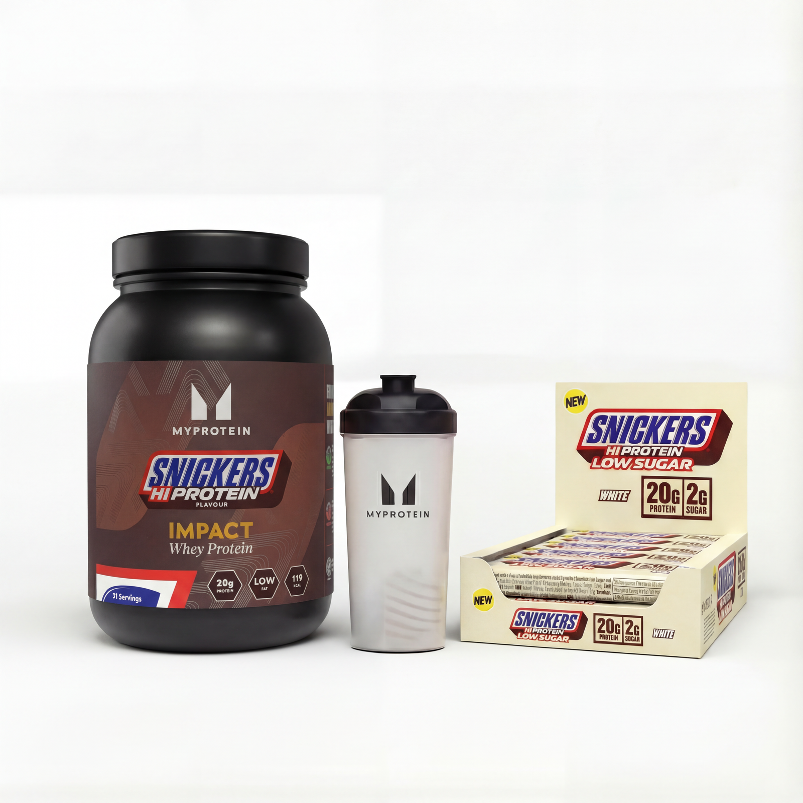 Myprotein UK MyProtein SNICKERS® Protein Bundle - Snickers White HiProtein Bar - 1KG - 30servings - Impact Whey Protein Snickers Original