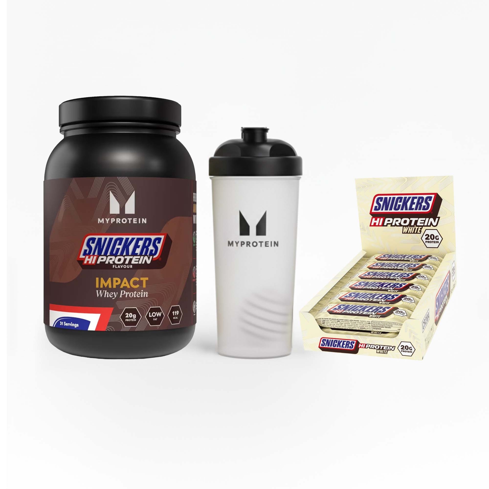 Myprotein UK MyProtein SNICKERS® Protein Bundle - Snickers White HiProtein Bar - 1KG - 30servings - Impact Whey Protein Snickers Original