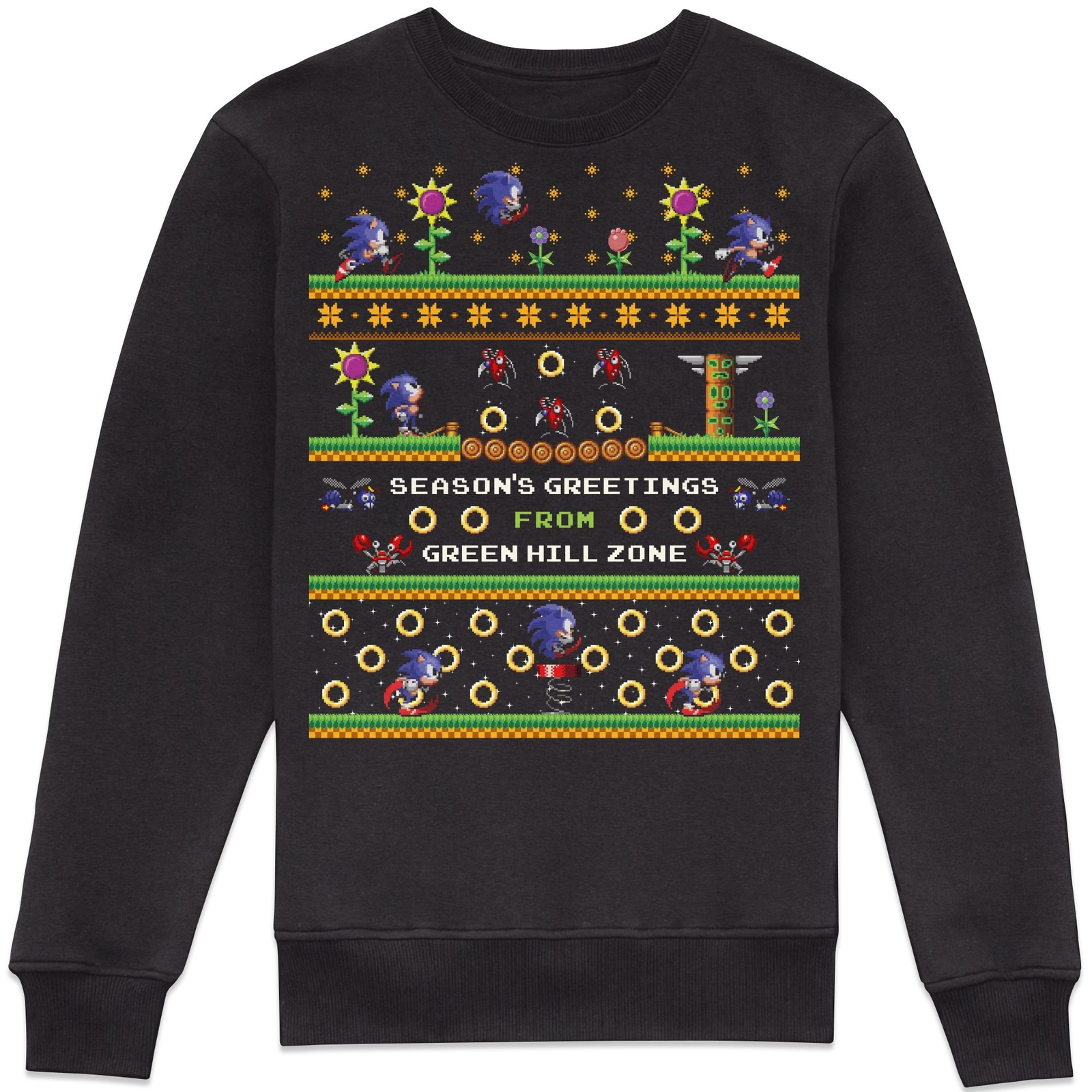 Sonic The Hedgehog Seasons Greetings From Green Hill Zone Christmas Jumper Sweatshirt - Black - XS