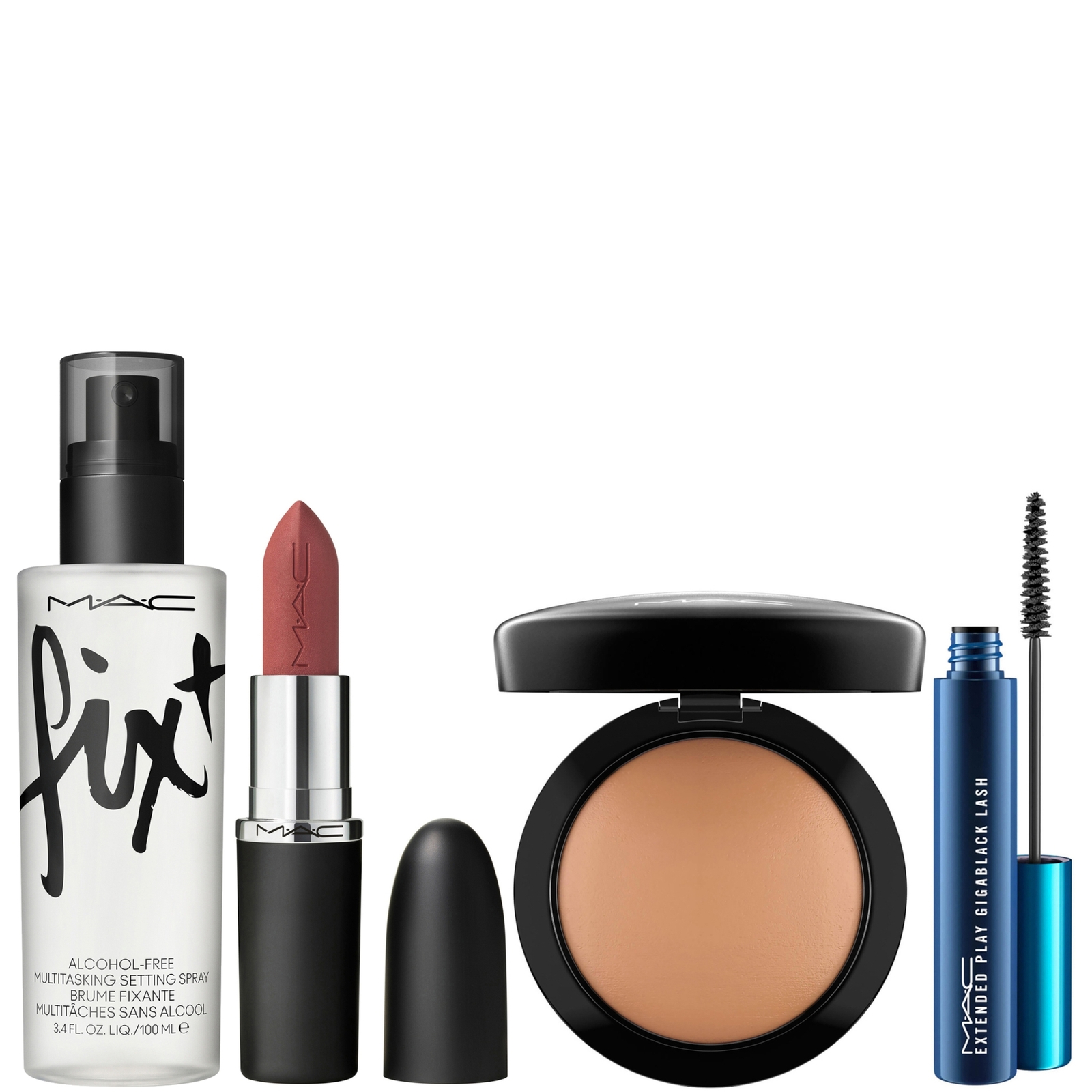 

MAC HEROES MACximal Lipstick Velvet Teddy, Min. Skinfinish Give Me Sun, Fix + Original 100ml and MACStack Black Mascara Bundle