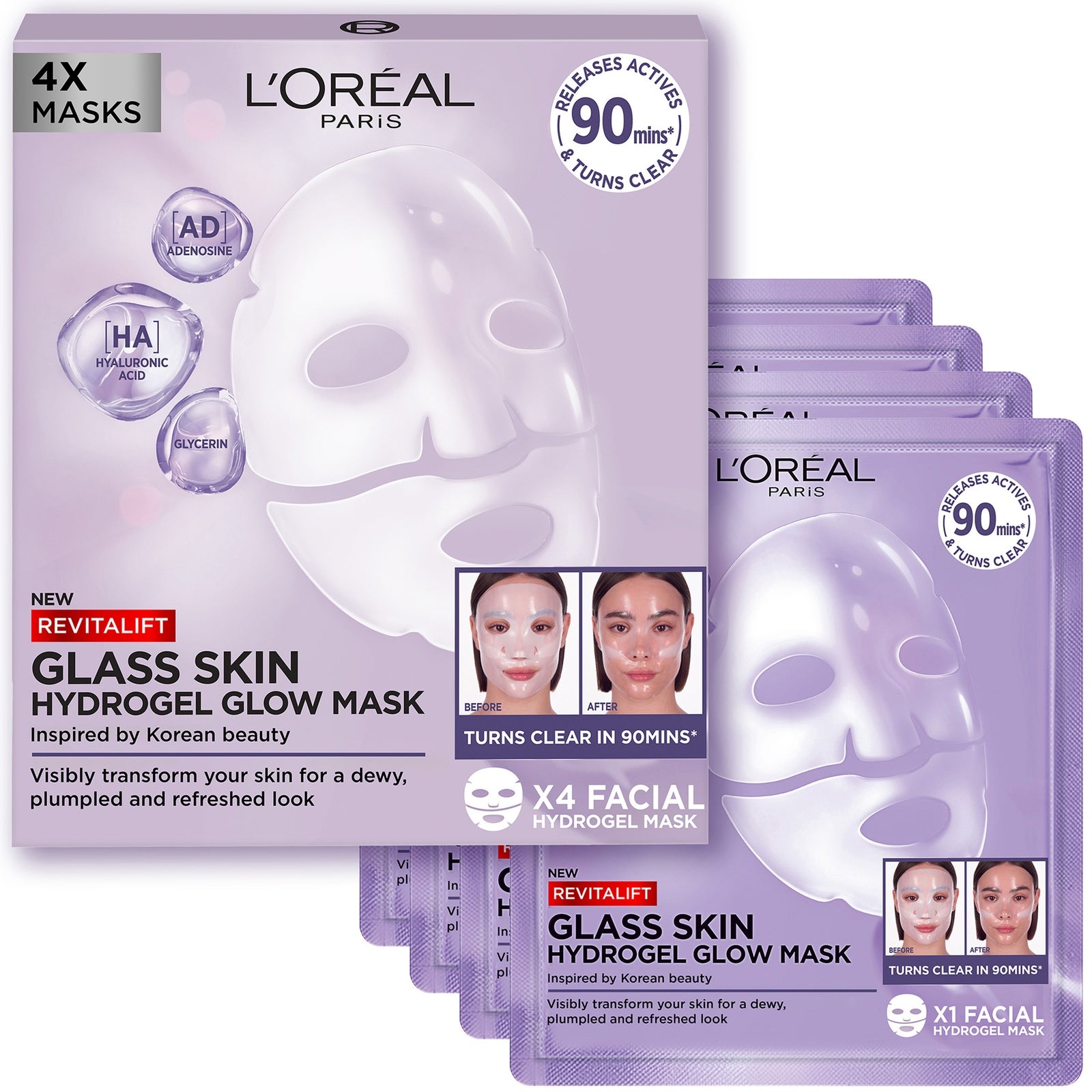 L'Oréal Paris Revitalift Filler Glass Skin Hydrogel Glow Mask 4 pack