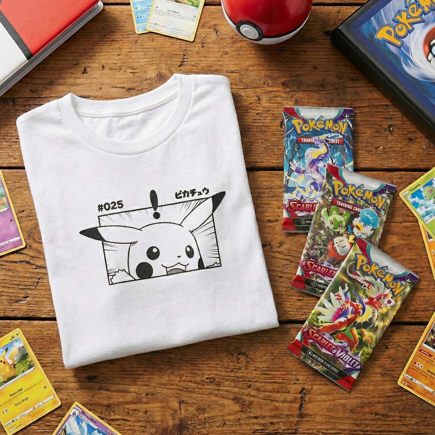 Pokémon Pikachu T-Shirt & Pokémon TCG Bundle - 3 x Base Set Scarlet & Violet Booster Packs - S