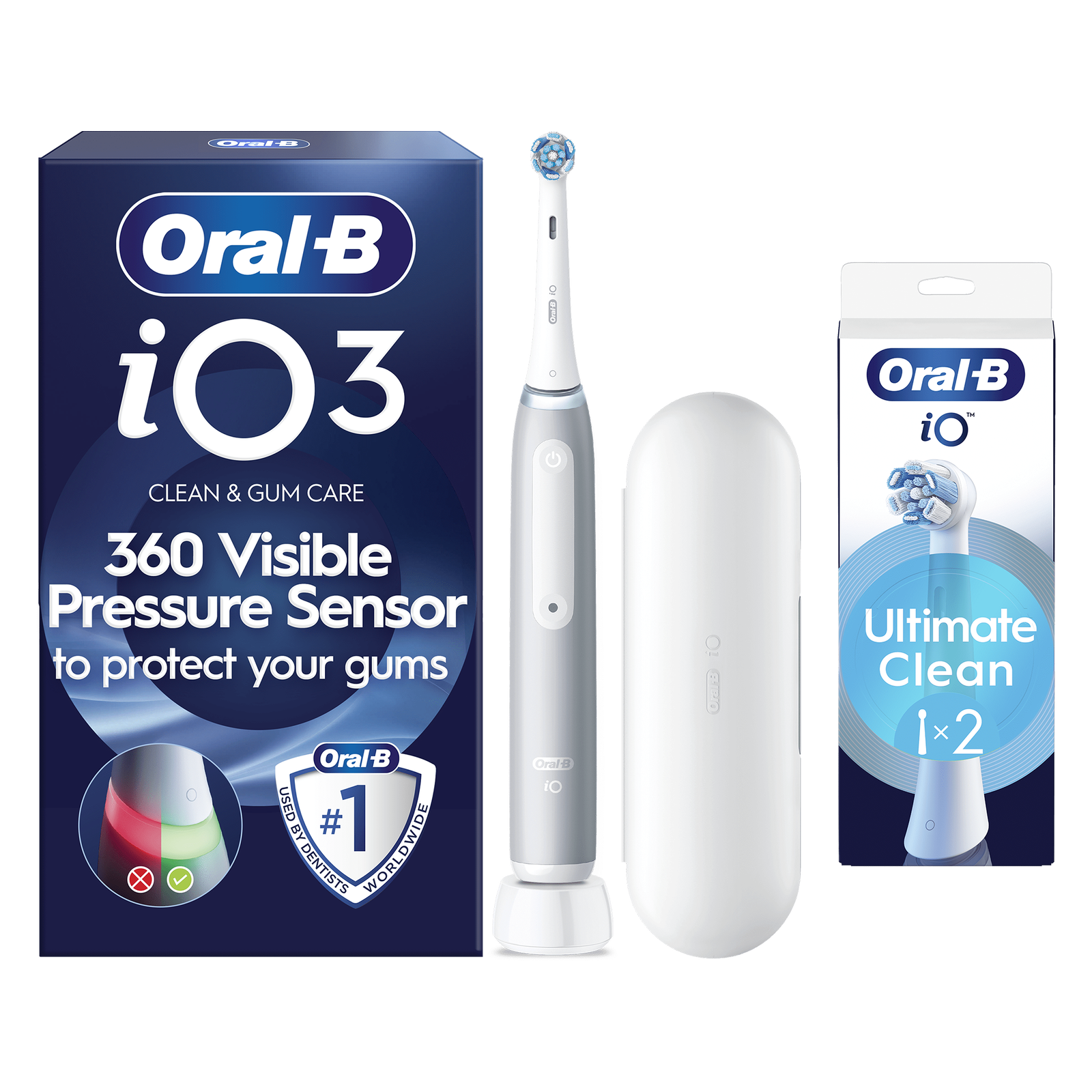 Oral-B iO 3 Electric Toothbrush Grey 1 Brush Head Long-Lasting Battery Travel Case - Toothbrush + 2 Toothbrush Heads: retailer-supplied image