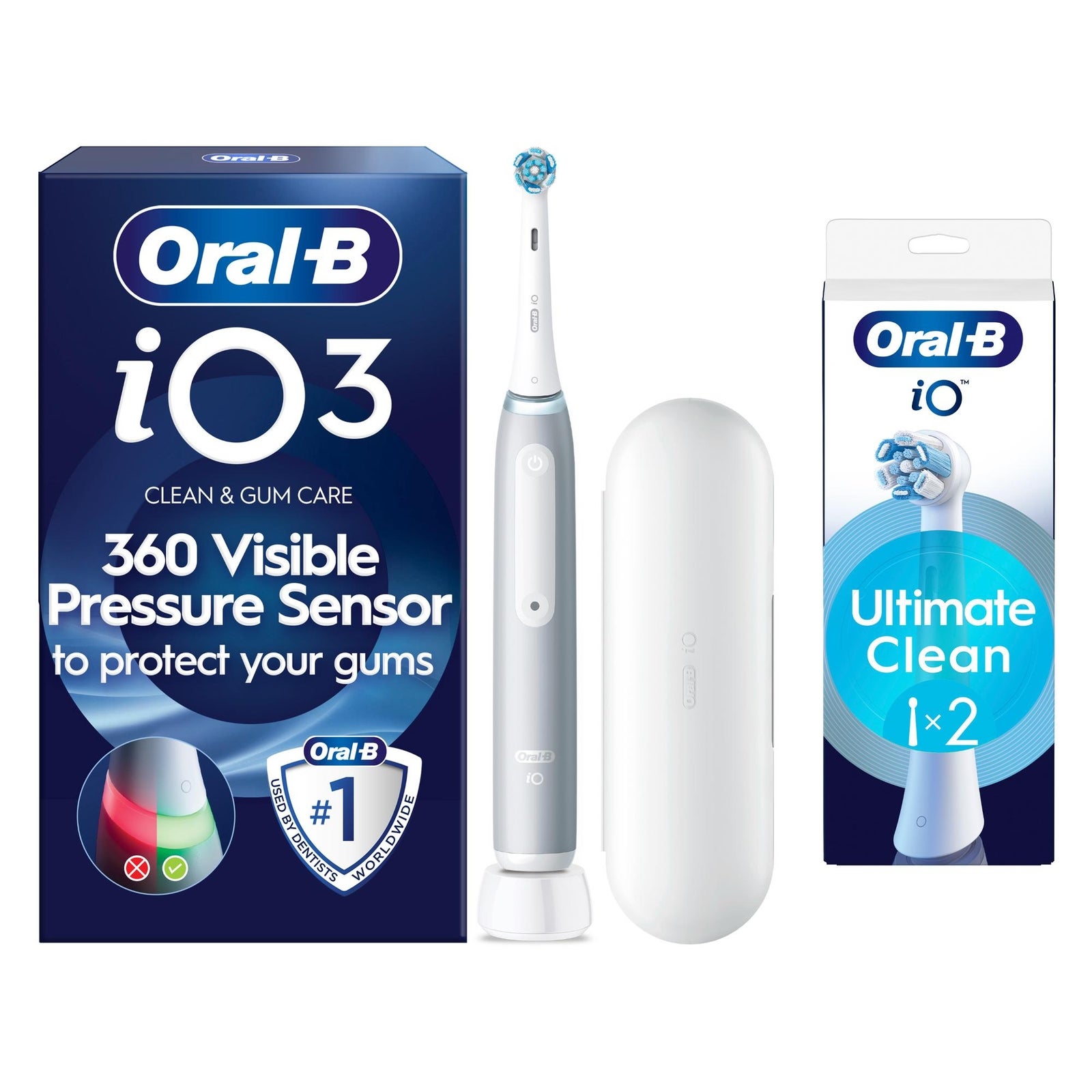 Oral-B iO 3 Electric Toothbrush  Grey  1 Brush Head  Long-Lasting Battery  Travel Case - Toothbrush + 2 Toothbrush Heads