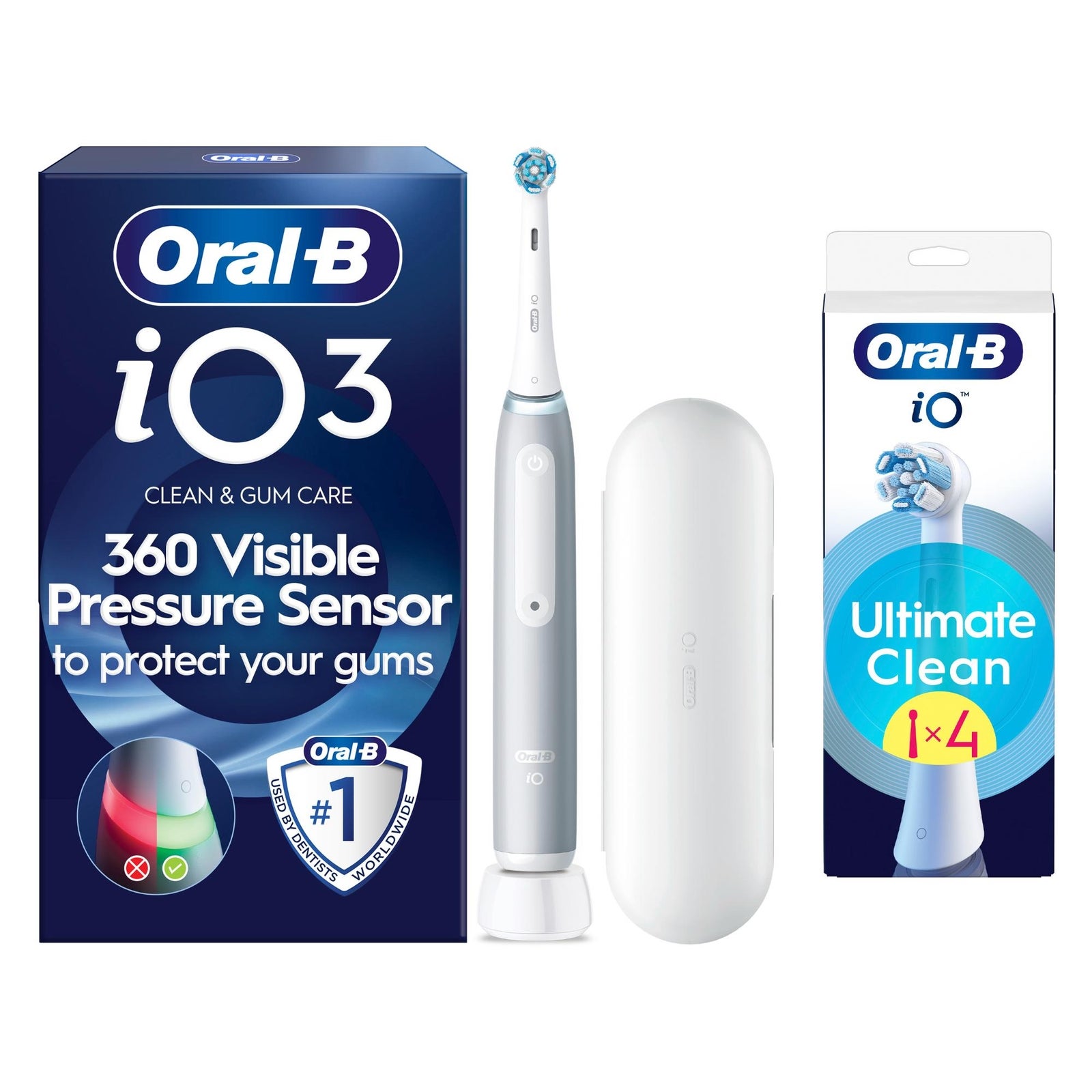 Oral-B iO 3 Electric Toothbrush  Grey  1 Brush Head  Long-Lasting Battery  Travel Case - Toothbrush + 4 Toothbrush Heads