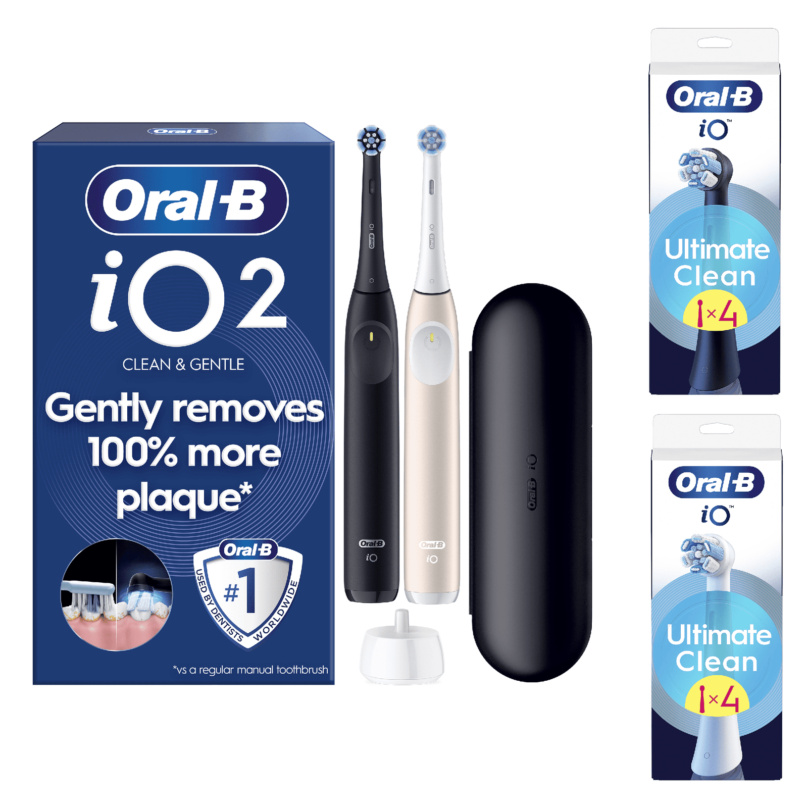 Oral-B iO2 Electric Toothbrush Night Black & Calm Pink Duo Pack - Without Toothpaste - Toothbrush + 8 Toothbrush Heads