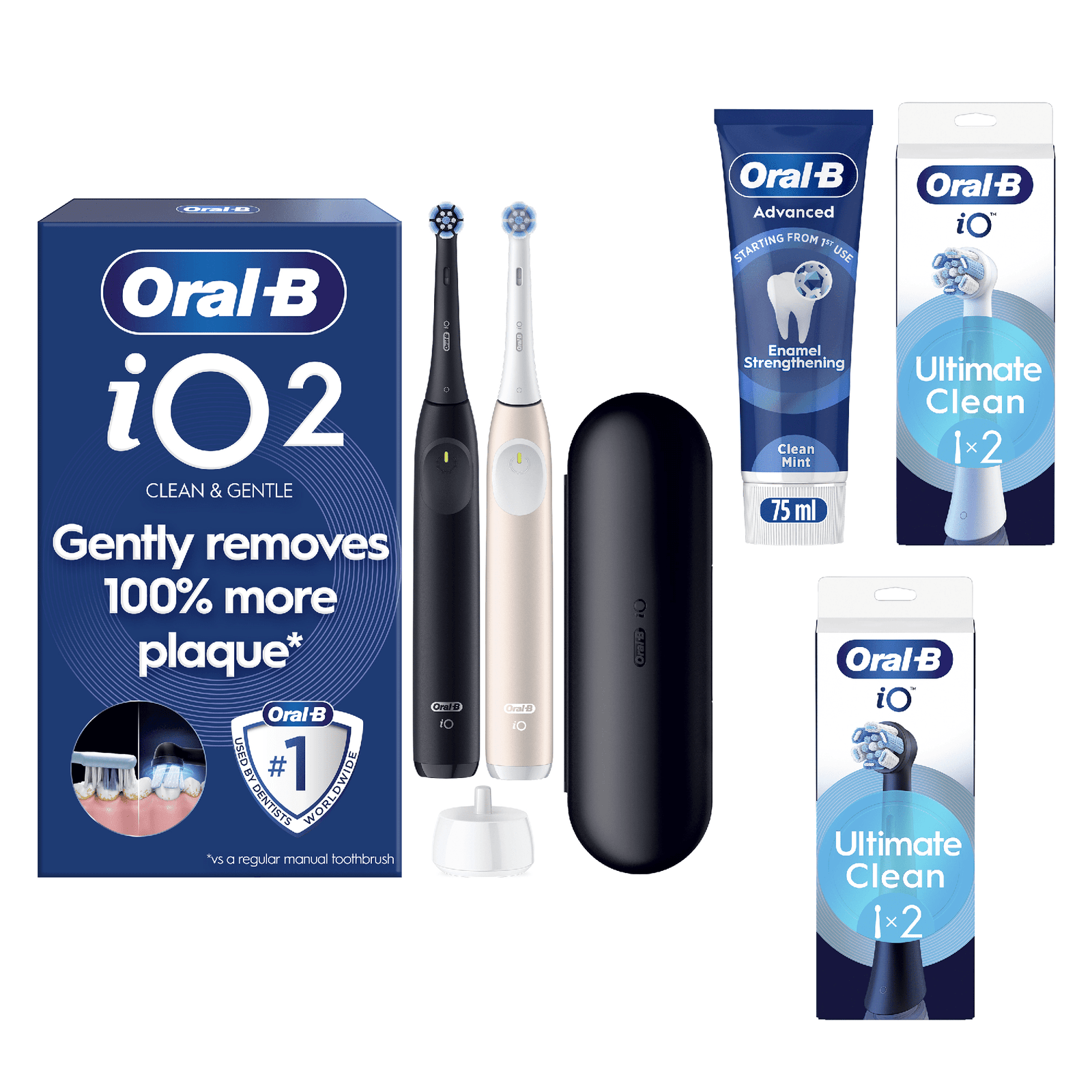 Oral-B iO2 Electric Toothbrush Night Black & Calm Pink Duo Pack - With Toothpaste - Toothbrush + 4 Toothbrush Heads: retailer-supplied image