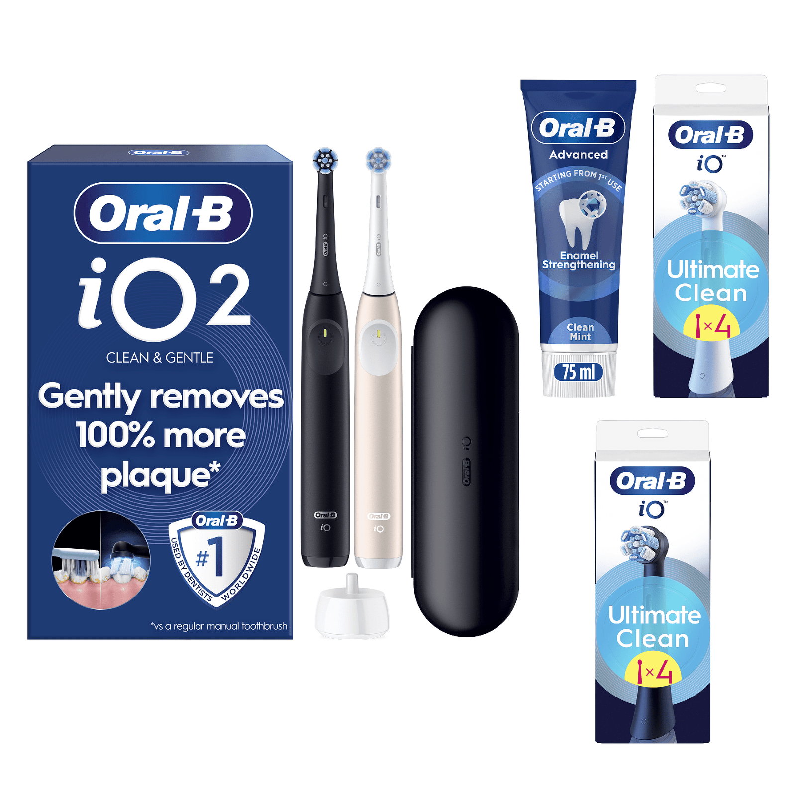 Oral-B iO2 Night Black & Calm Pink Electric Toothbrush Duo Pack + 8 Brush Heads + Toothpaste: retailer-supplied image