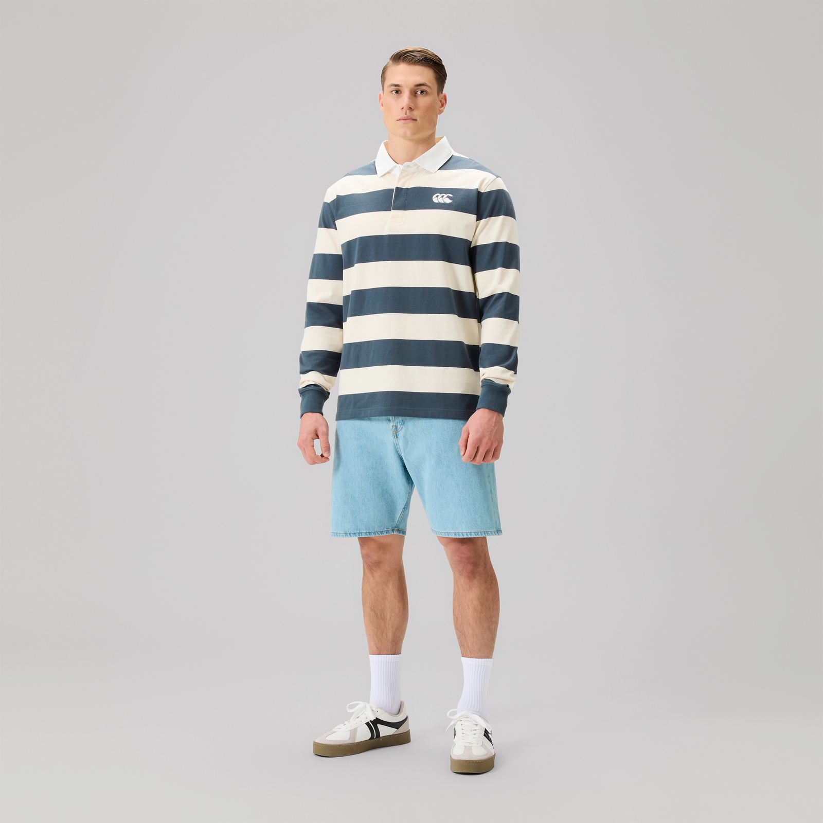 Mens Fundamentals Yarn Stripe Rugby Jersey Grey