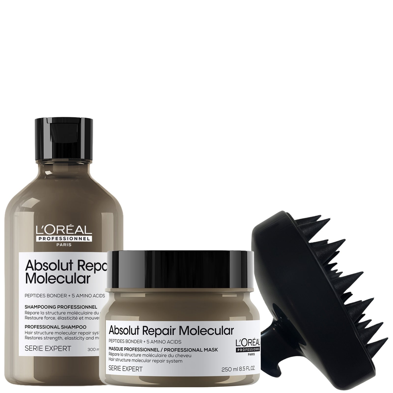 L’Oreal Professionnel Absolut Repair Molecular Shampoo 300ml & Hair Mask with Scalp Brush, For Damaged Hair