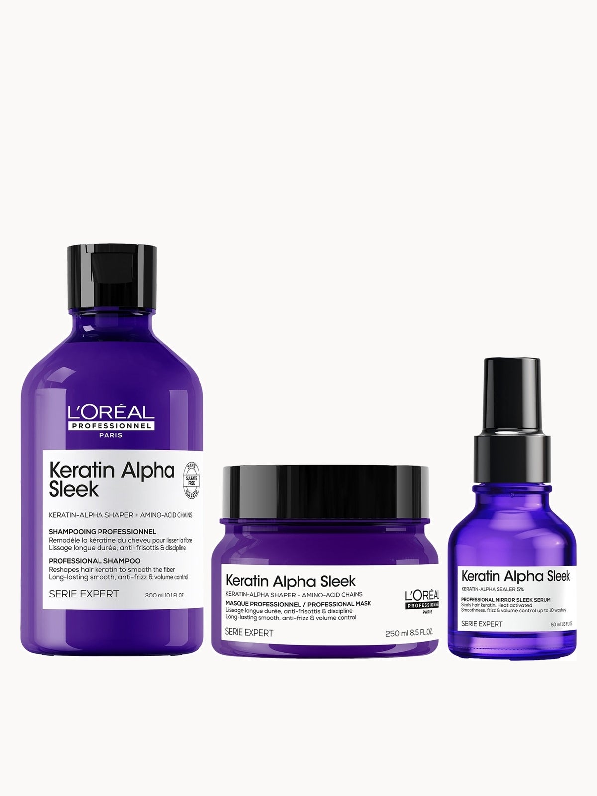 L'Oréal Professionnel Keratin Alpha Sleek Shampoo, Hair Mask & Hair Serum Bundle - Antifrizz