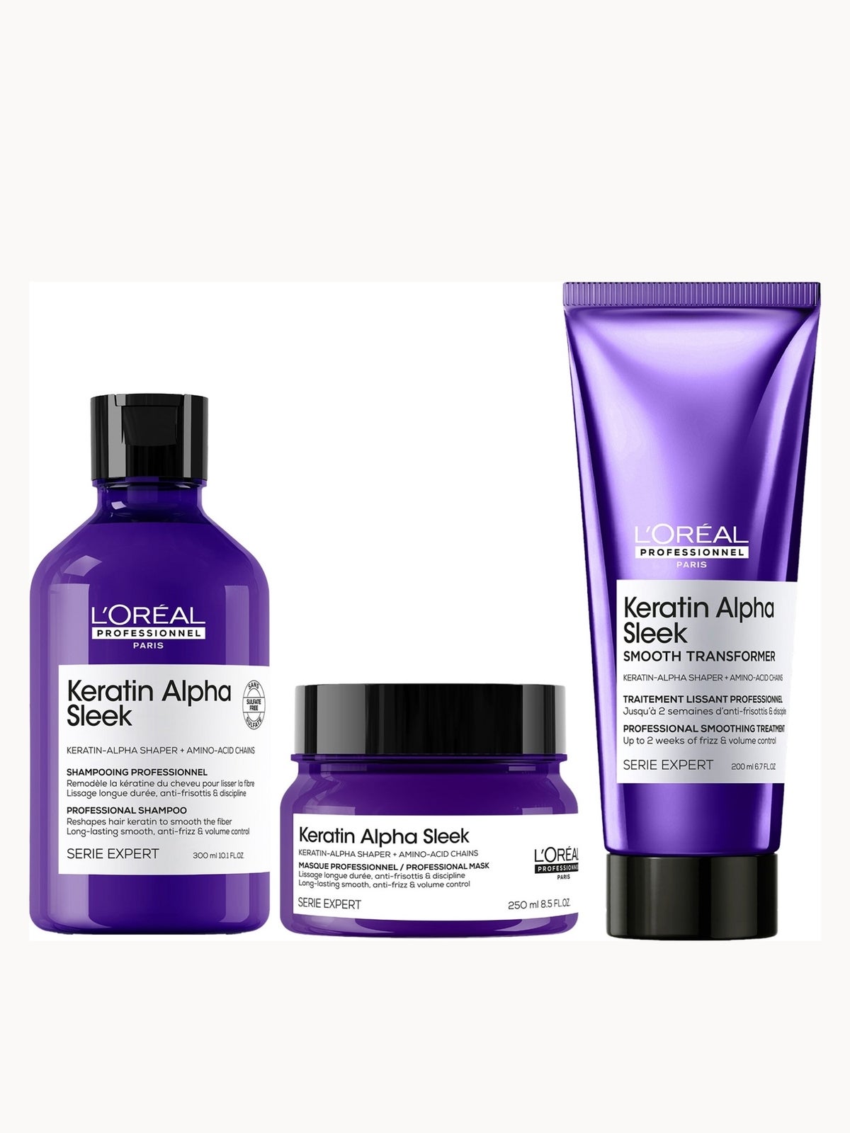 L'Oréal Professionnel Keratin Alpha Sleek Shampoo, Hair Mask & Smooth Transformer Bundle - Antifrizz