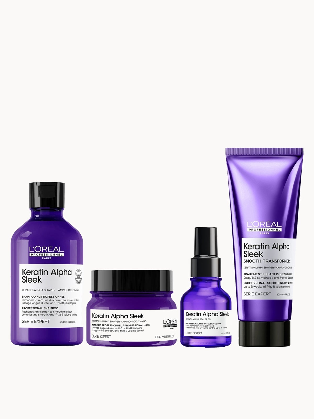 L'Oréal Professionnel Keratin Alpha Sleek Shampoo, Hair Mask, Hair Serum & Smooth Transformer Bundle