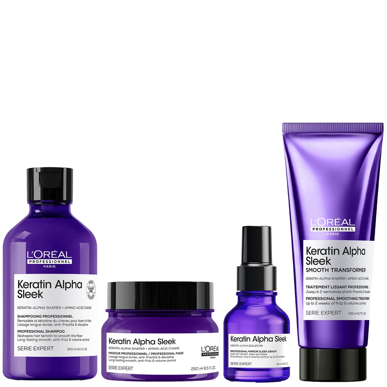 L'Oréal Professionnel Keratin Alpha Sleek Shampoo, Hair Mask, Hair Serum & Smooth Transformer Bundle