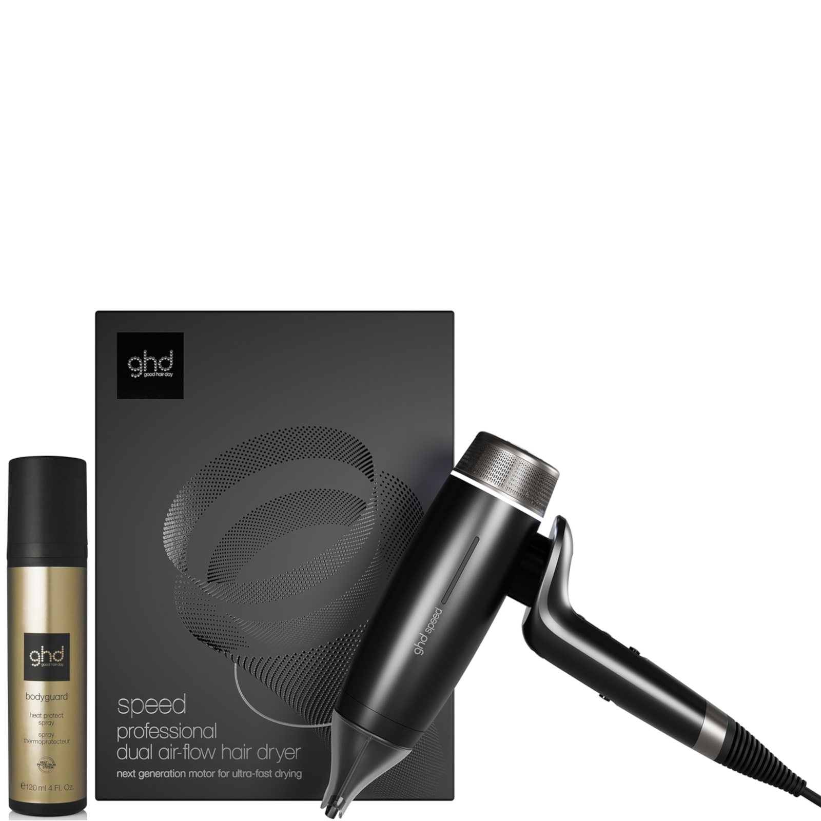 Ghd Black Speed And Bodyguard Heat Protect Spray 120ml Bundle