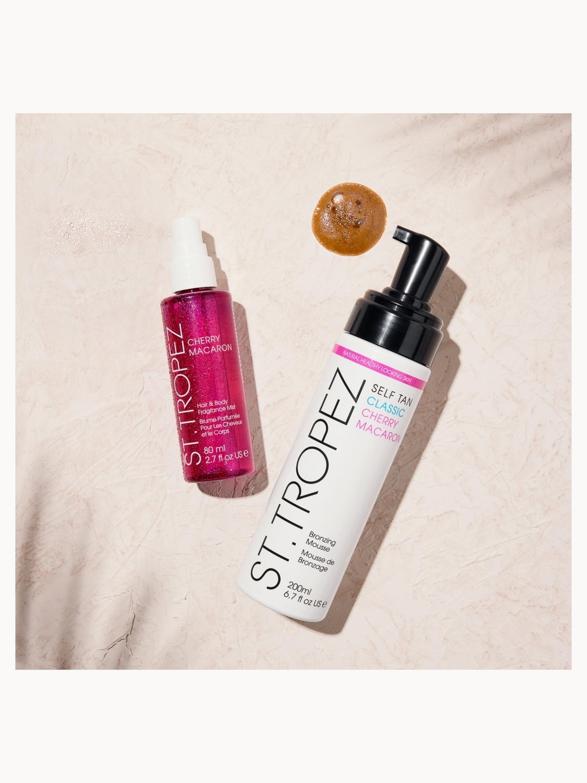St.Tropez Self Tan Cherry Macaron Kit, Iconic Classic Mousse 200ml, Limited Edition Pink Mitt & New Hair & Body Cherry Macaron Fragrance Mist 3