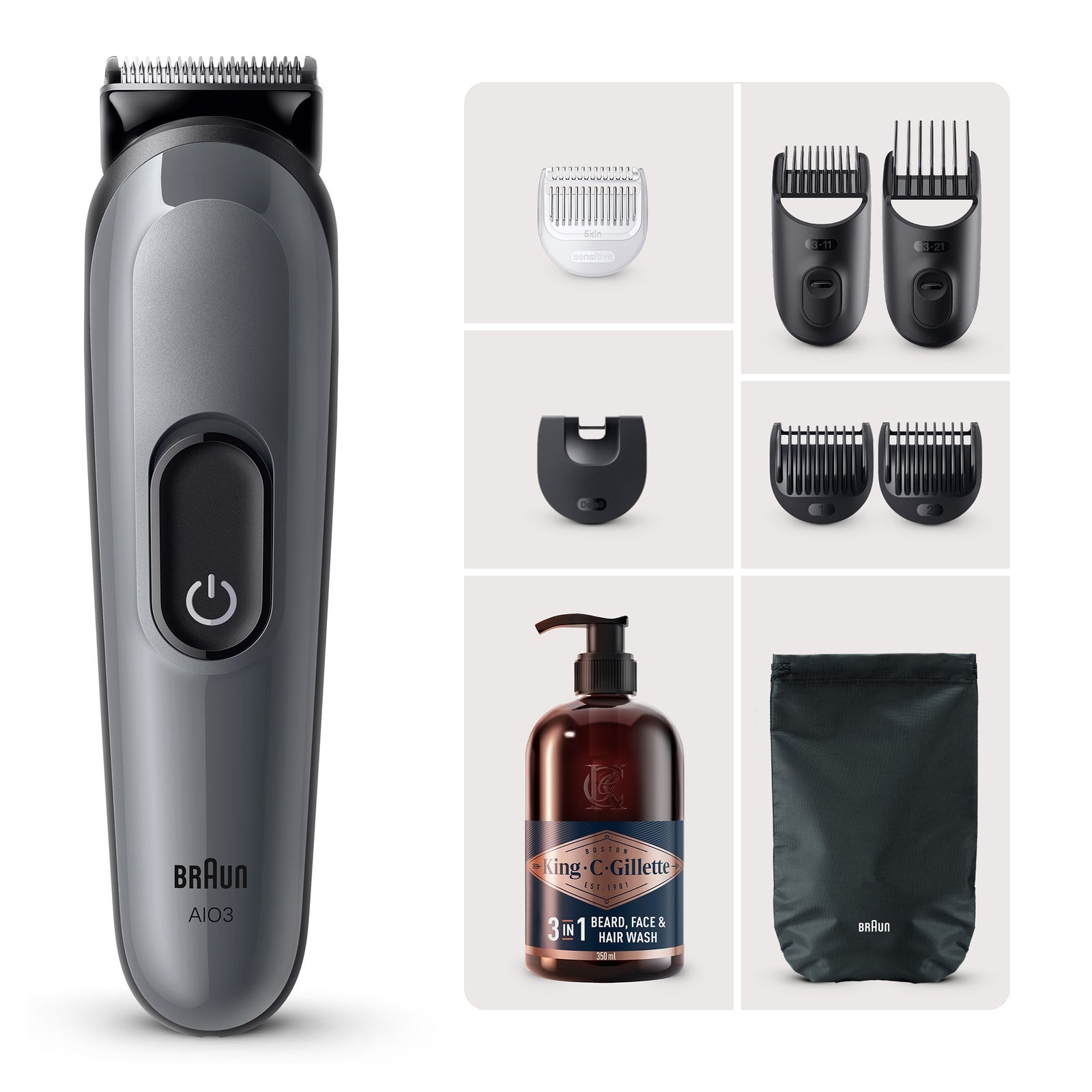 Braun Bundle: Rasierer Series 3 All-In-One Style Kit AIO3540 + King C. Gillette Bartshampoo 350 ml: retailer-supplied image